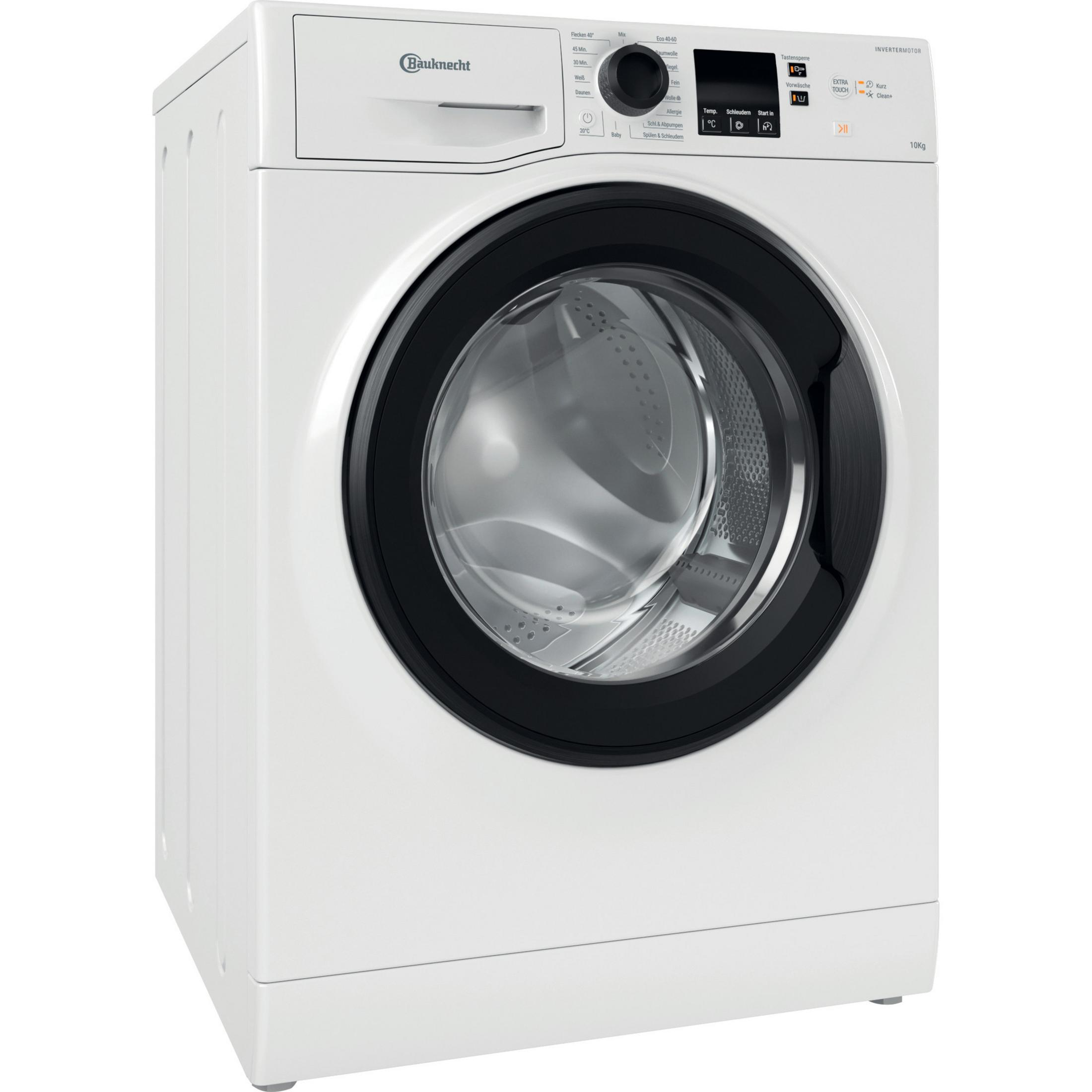 Weiße Waschmaschine mit schwarzer Tür und Bedienfeld. Die Maschine trägt den Markennamen Bauknecht.