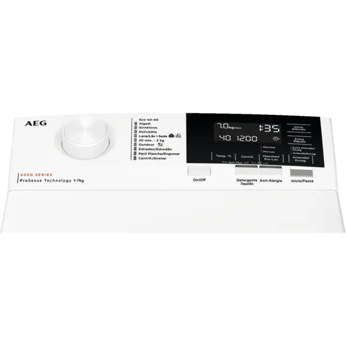 Pannello di controllo della lavatrice con diverse opzioni di programma e display digitale.