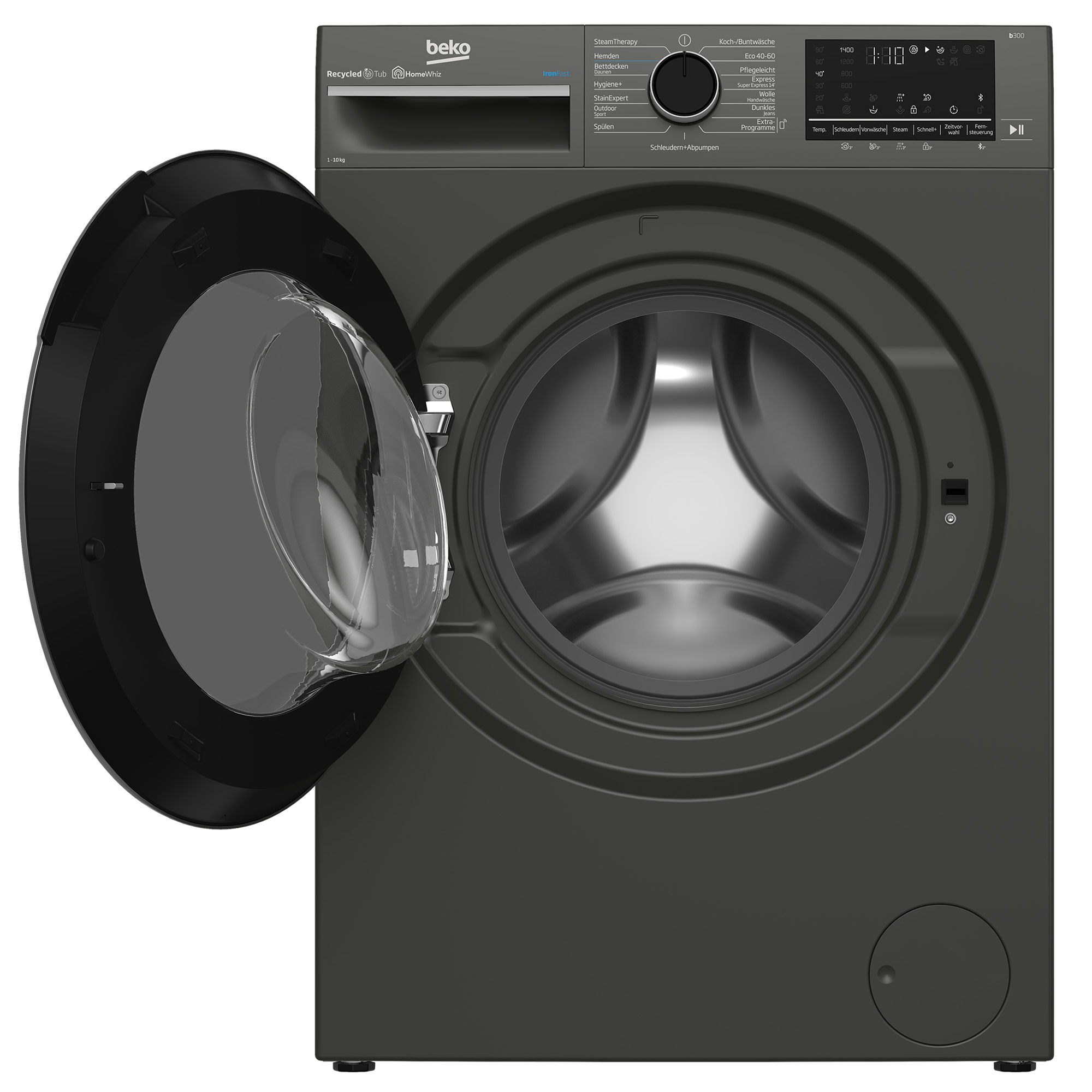 Schwarze Waschmaschine mit offener Tür. Trommel sichtbar. Bedienelemente oben.