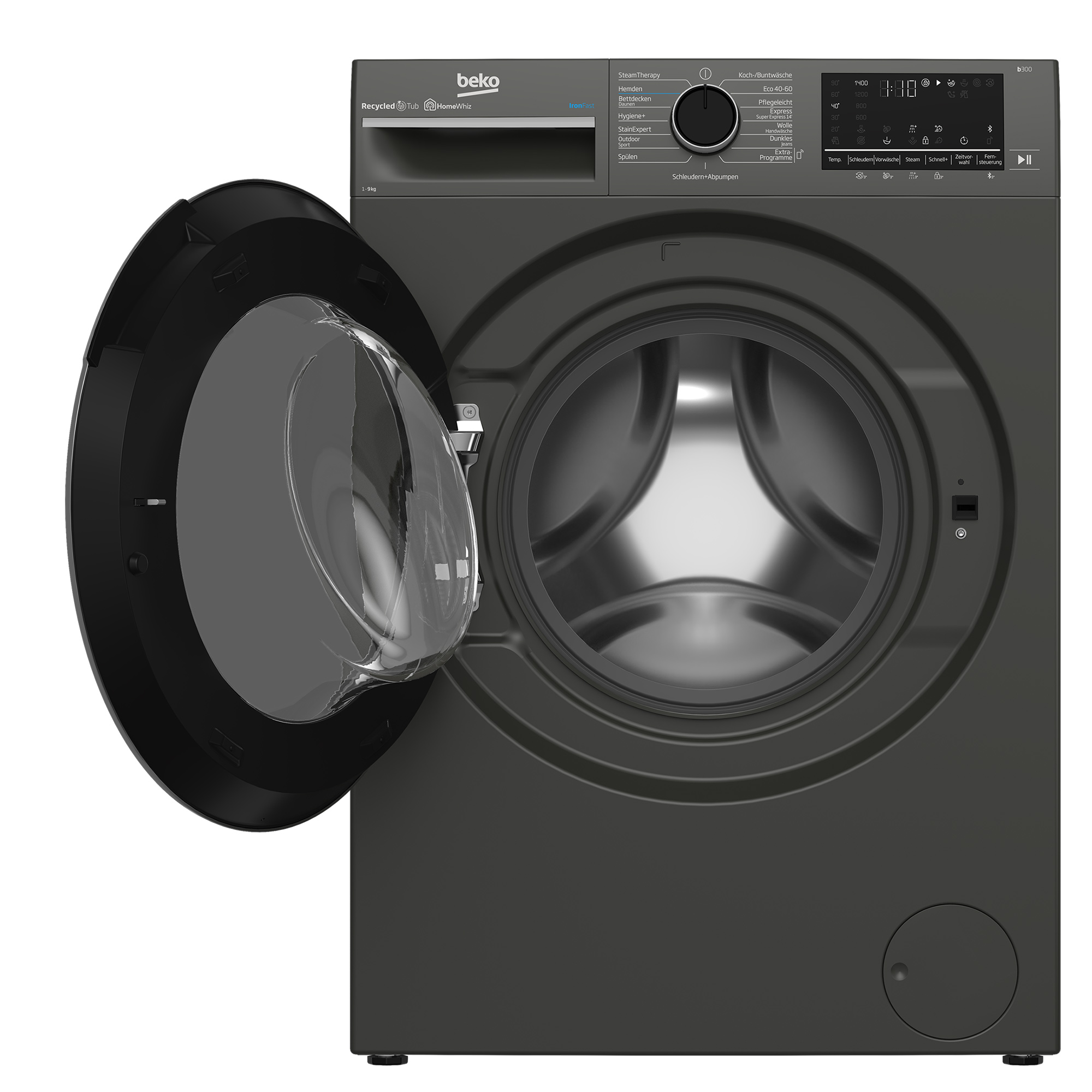 Eine schwarze Waschmaschine mit offener Tür. Sie hat ein digitales Display.