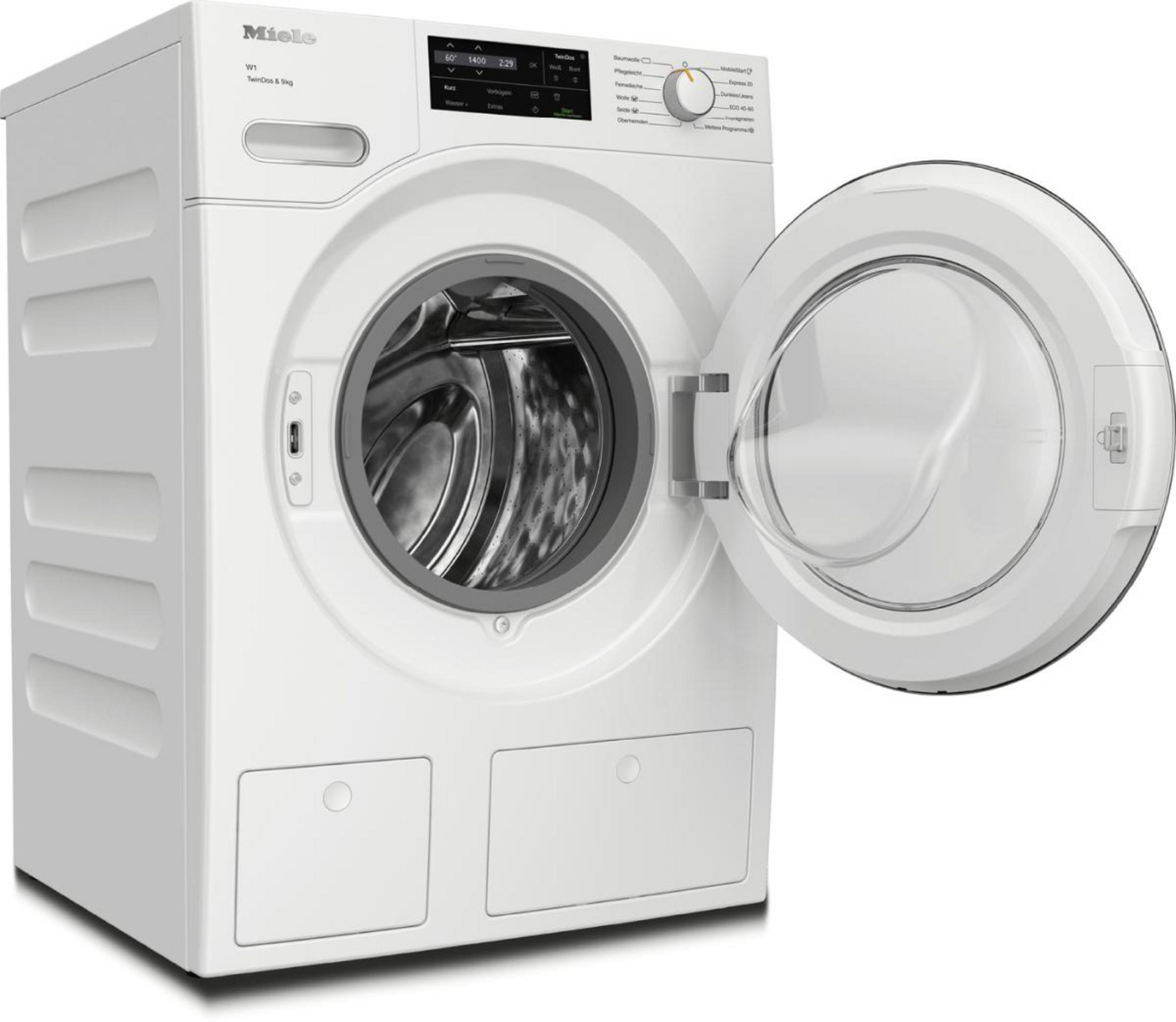 Weiße Waschmaschine mit offener Tür. Innenraum sichtbar. Weißer Hintergrund.