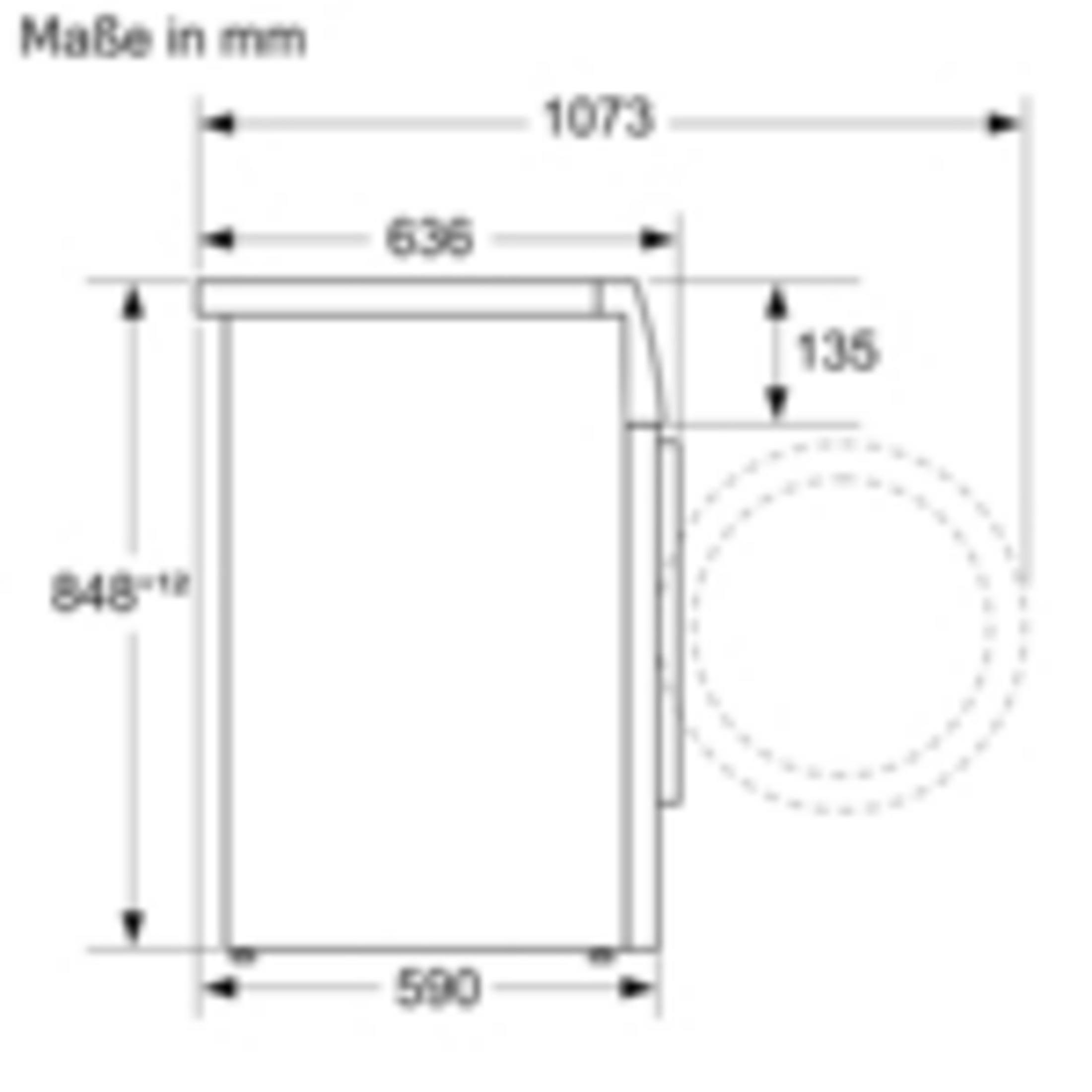 Diagramm, das die Seitenansicht einer Waschmaschine mit Maßen in Millimetern zeigt.