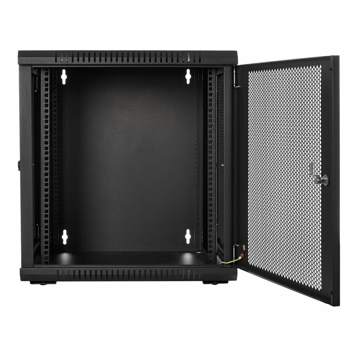 Armario rack negro con una puerta abierta.