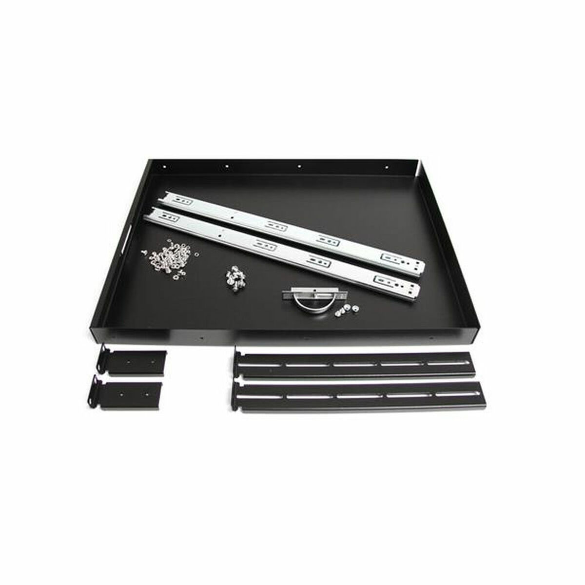 Estante de rack de metal negro con herrajes de montaje, incluidos tornillos y soportes.