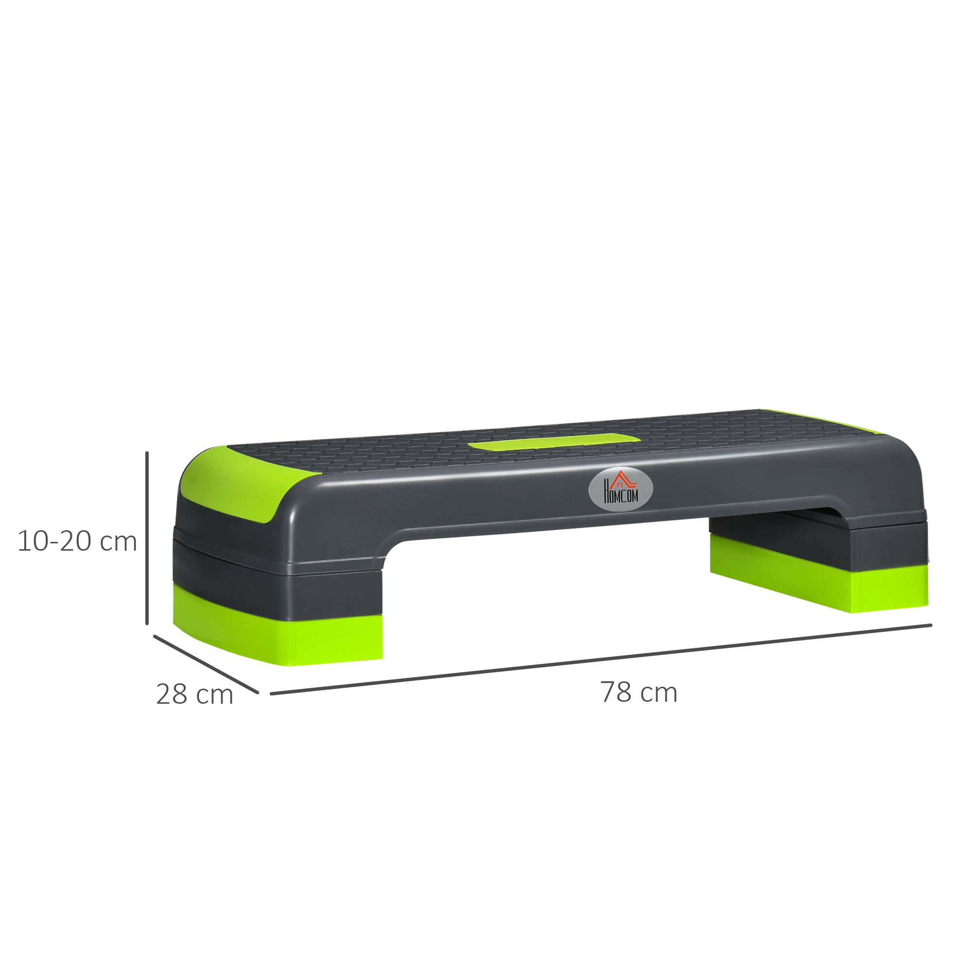 Piattaforma step grigia e verde. Dimensioni: 78 cm lungo, 28 cm largo e 10-20 cm alto.