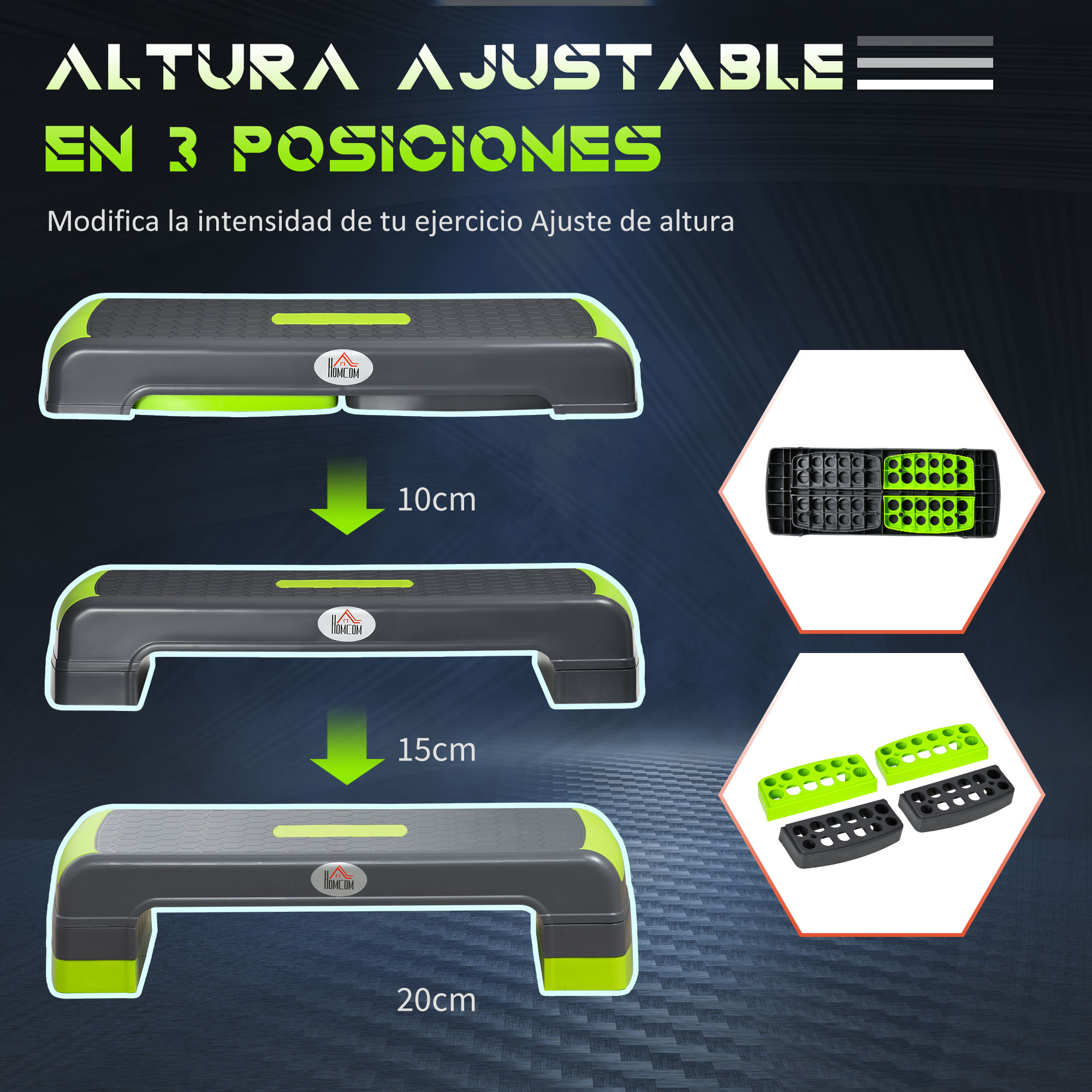 Plataforma de escalón con opciones de ajuste. Colores verde y negro. Ajustable a 10, 15 y 20cm.