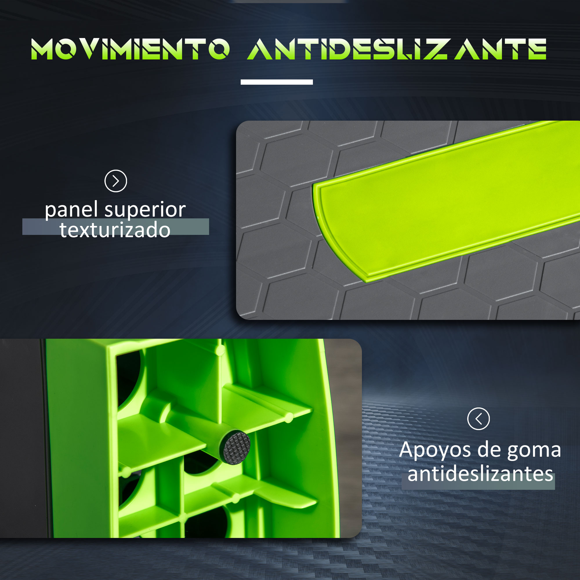 Primer plano de superficie verde texturizada con panel gris. Texto: 'MOVIMIENTO ANTIDESLIZANTE'.