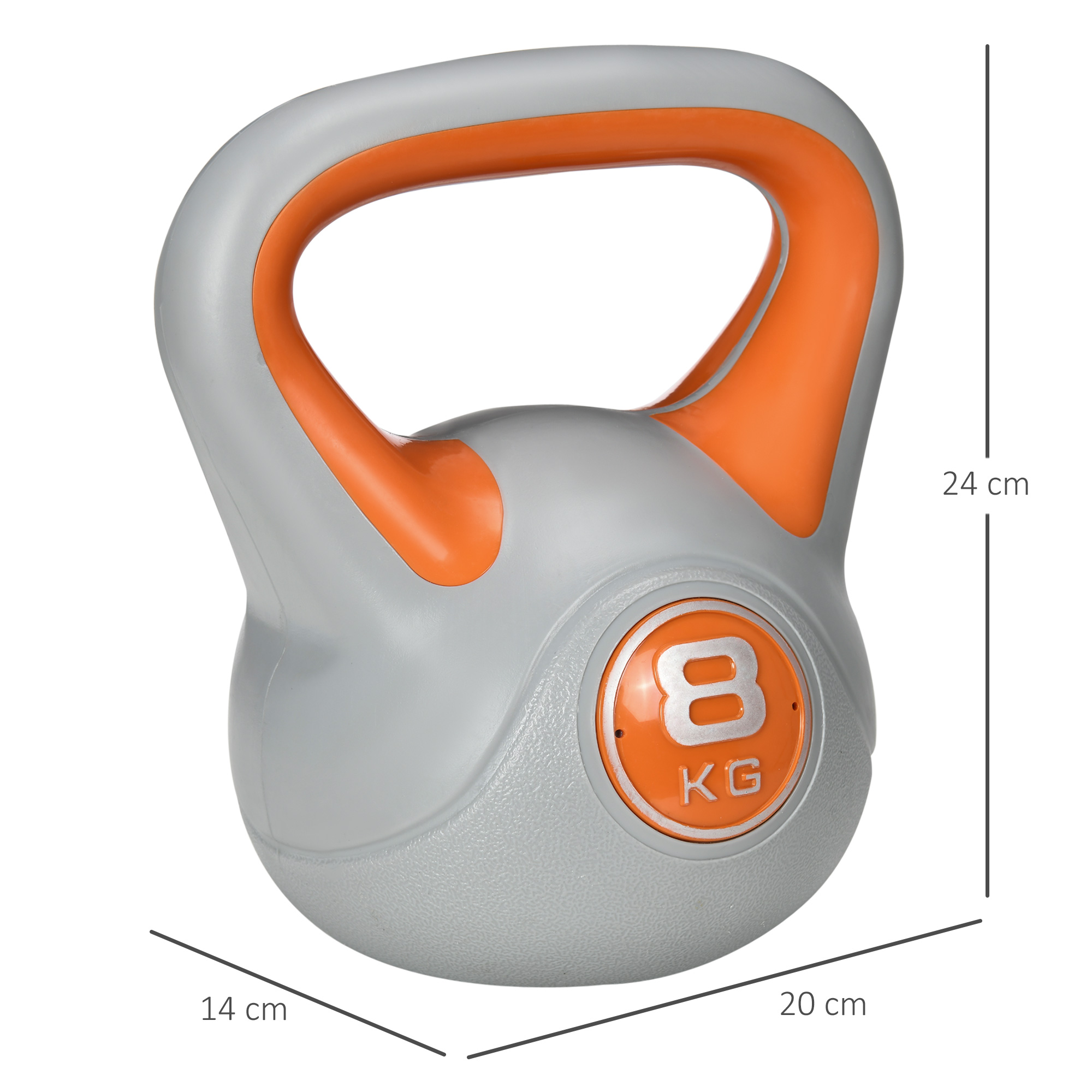 Kettlebell gris y naranja, peso 8 kg, con etiquetas de tamaño.