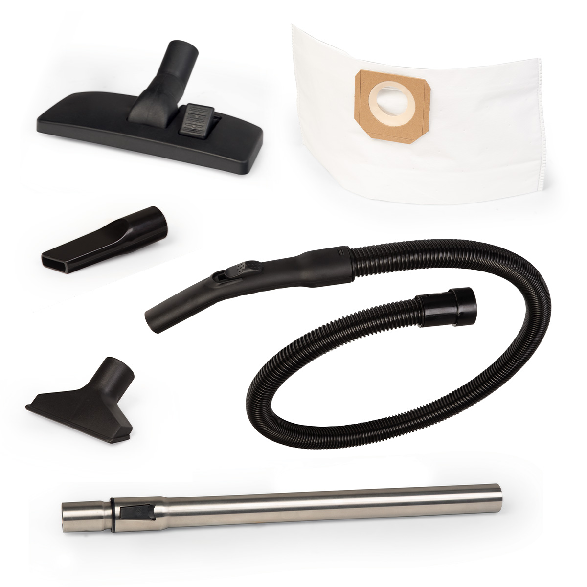 Różne nasadki do odkurzacza ułożone na białym tle. Wyglądają na nowe.