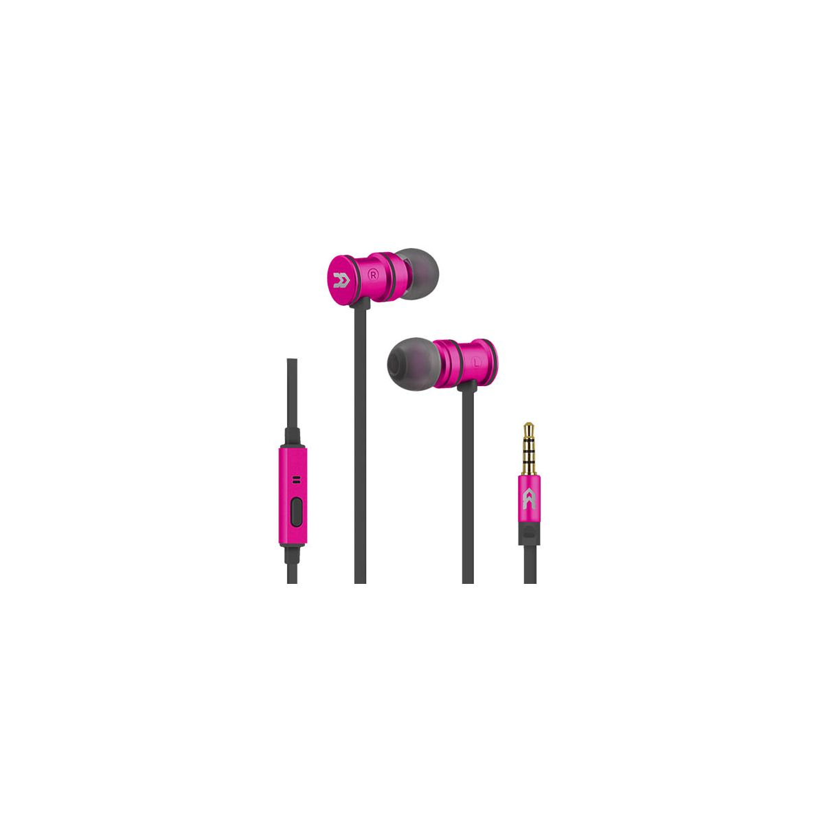 Auriculares rosas y negros con un módulo de control y un conector de 3,5 mm. Los auriculares están en un fondo blanco.