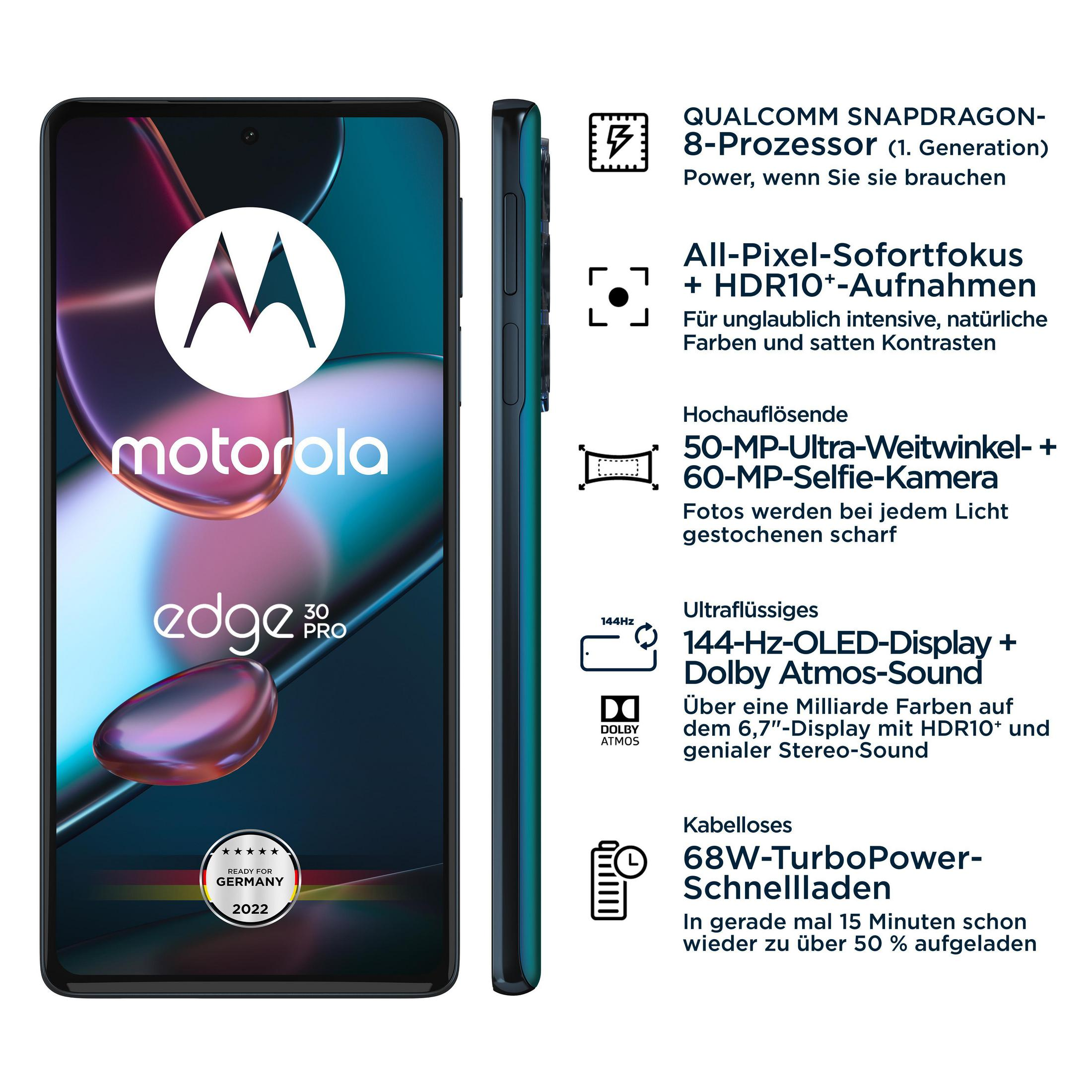 Smartphone noir avec logo 'motorola'. Caractéristiques et texte en allemand.