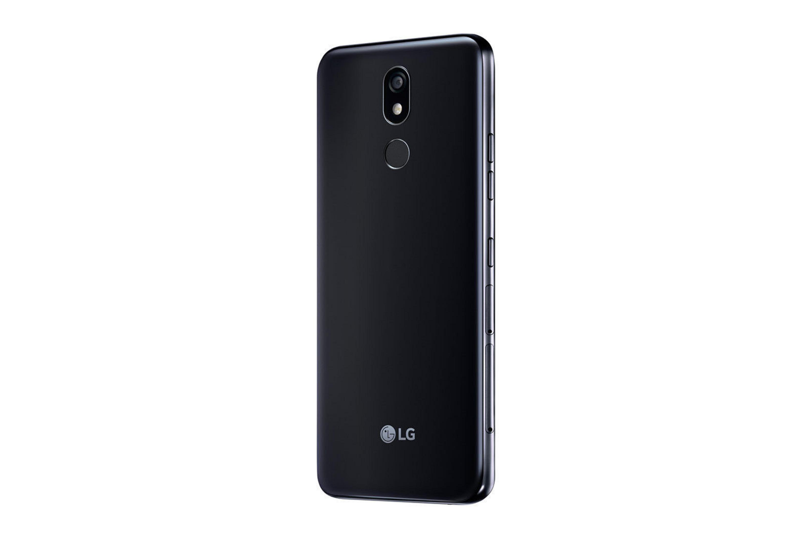 Rückseite eines schwarzen LG-Telefons. Kameralinse und LG-Logo sichtbar. Auf weißem Hintergrund.