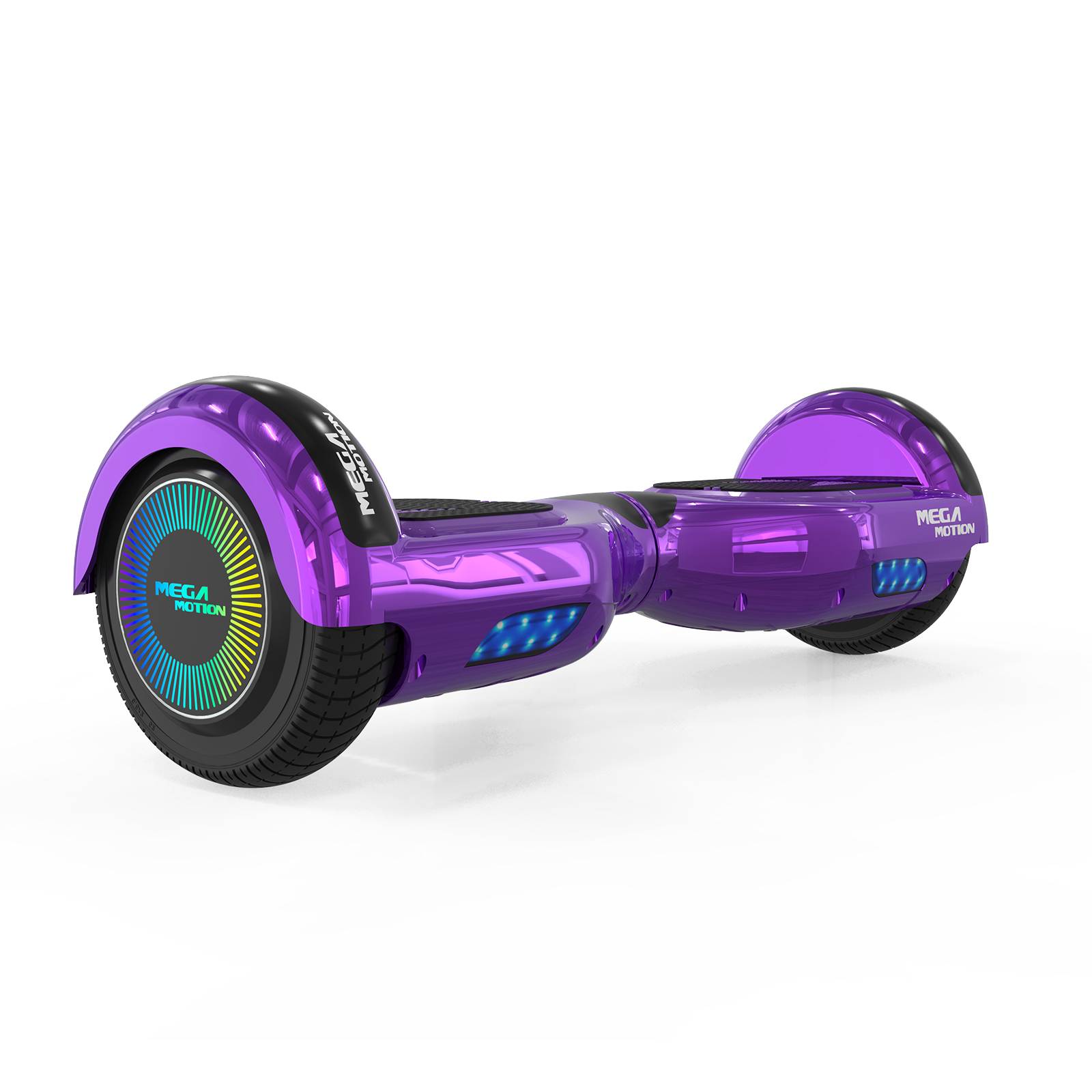 Hoverboard morado con ruedas negras y luces coloridas en las ruedas.