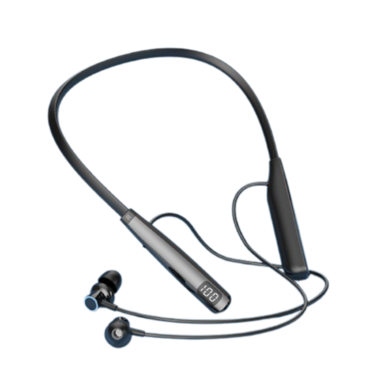 Schwarze und graue Bluetooth-Kopfhörer im Nackenband-Stil. Linker Ohrhörer und Ladeanschluss sichtbar.