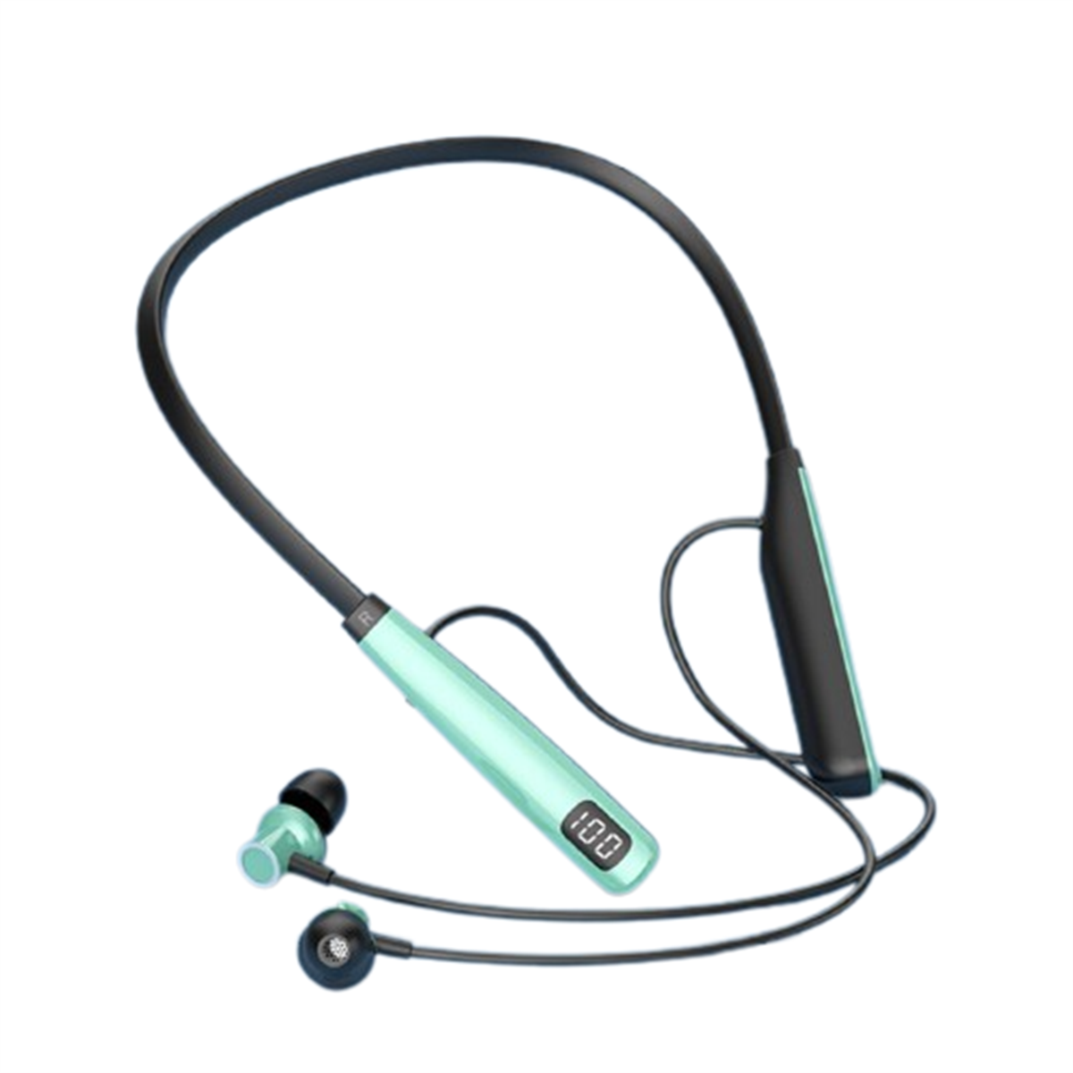 Nackenbügel-Wireless-Ohrhörer, mintgrün und schwarz, mit Anzeige des Akkustands.