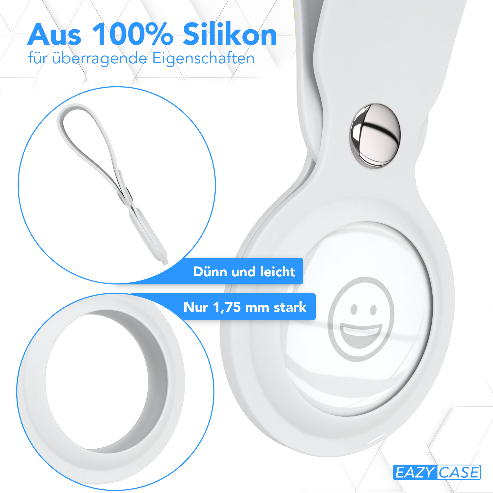 Weißes Gehäuse mit Smiley-Gesicht und Schlaufe für einen Schlüsselanhänger. Details sind 'dünn und leicht'.