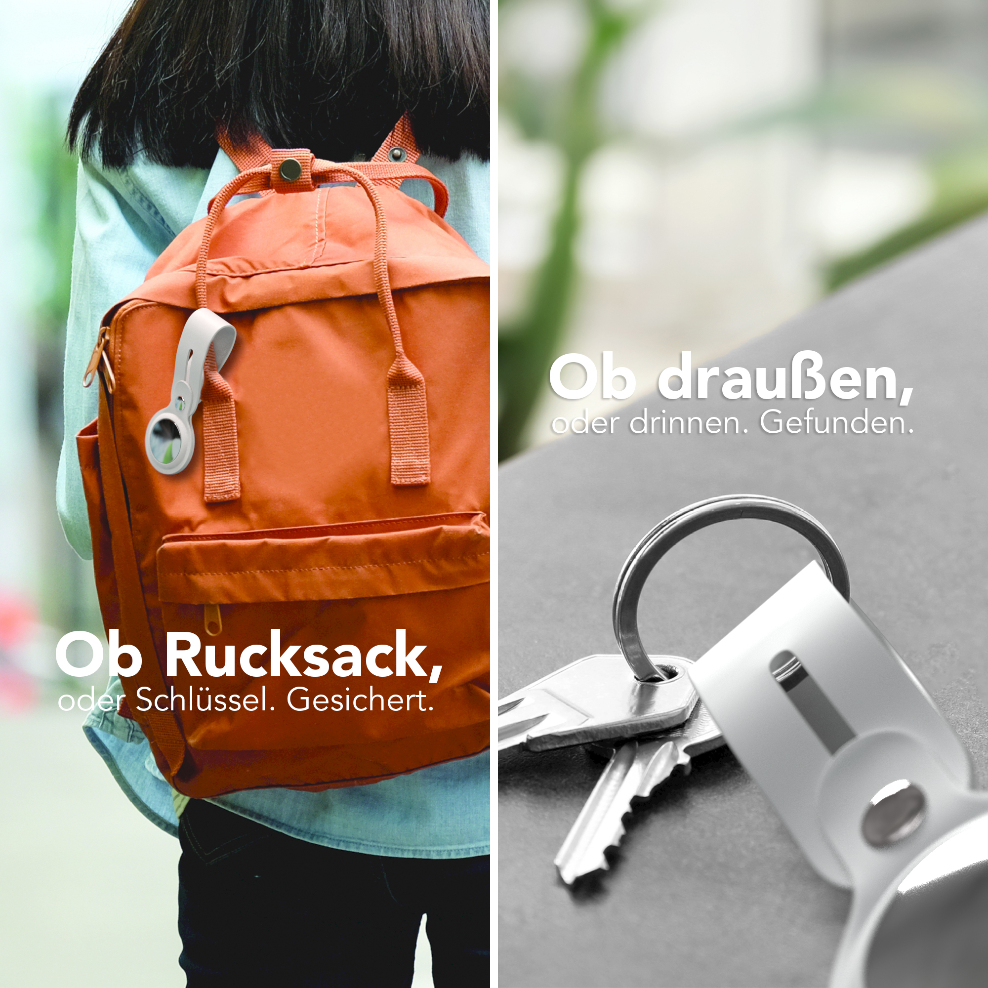 Oranger Rucksack mit weißem Anhänger. Schlüssel an einem Ring.