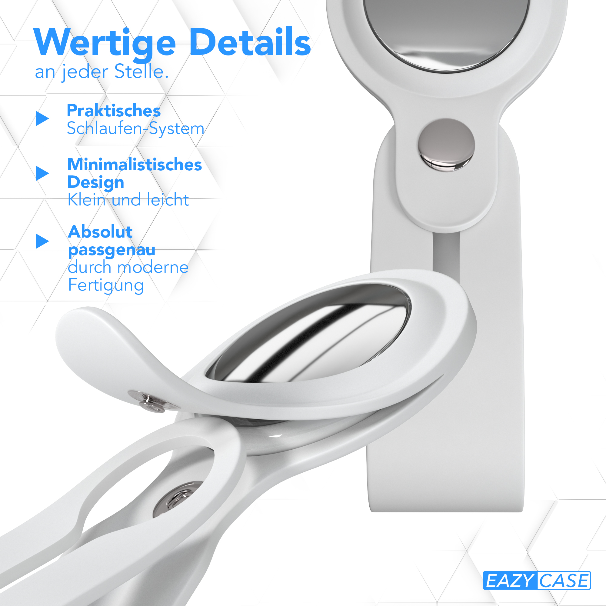 Nahaufnahme eines weißen Zubehörs mit Text: Wertige Details.