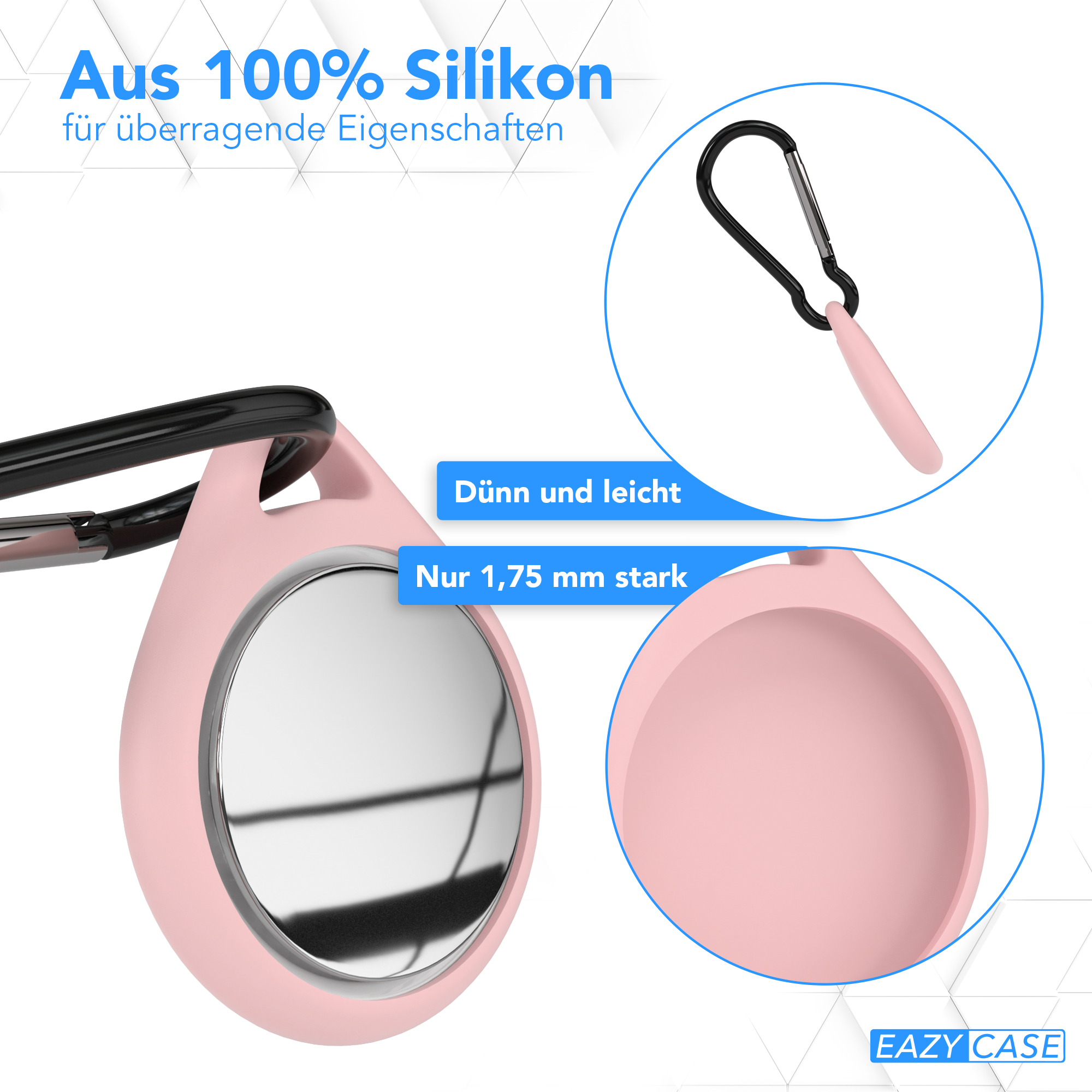 Eine rosa Silikonhülle mit einem silbernen Metallring und einem schwarzen Karabiner.