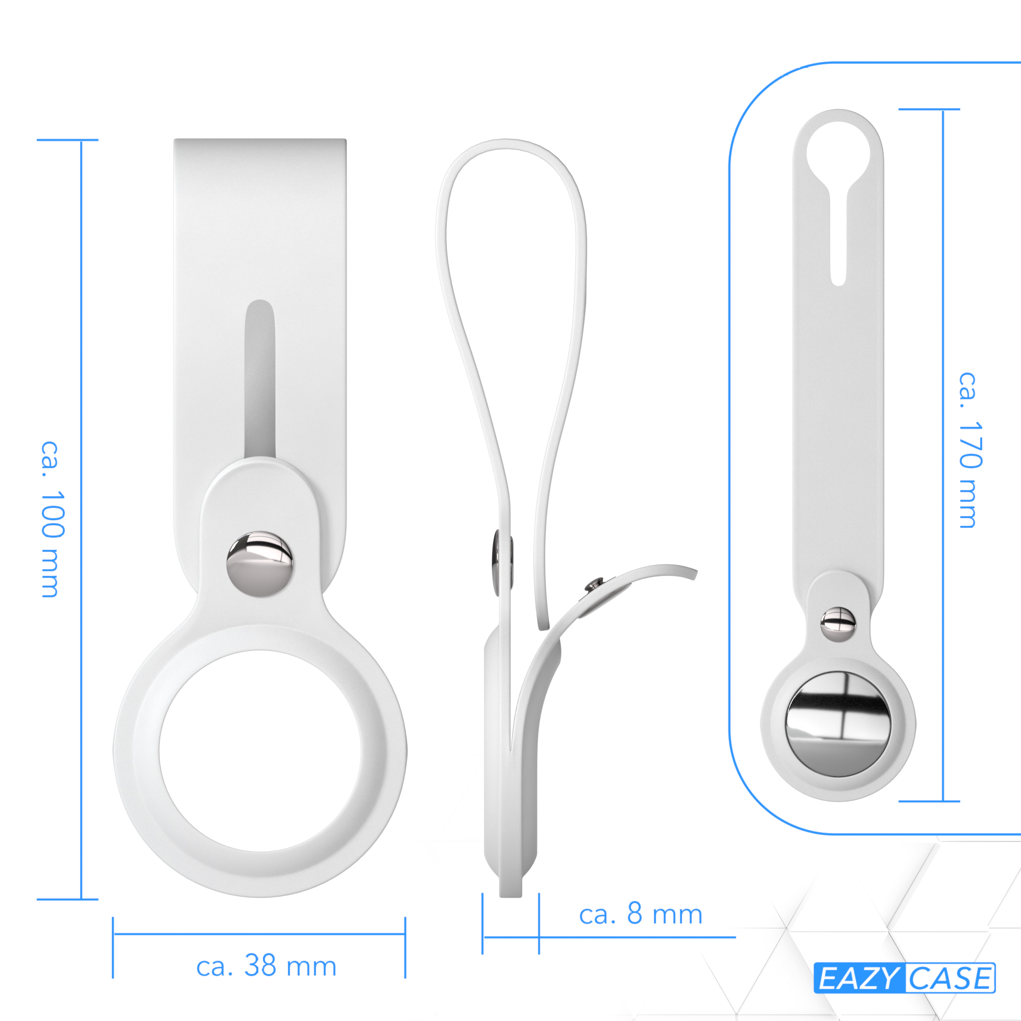 Weißer AirTag-Halter in drei Ansichten mit Abmessungen.
