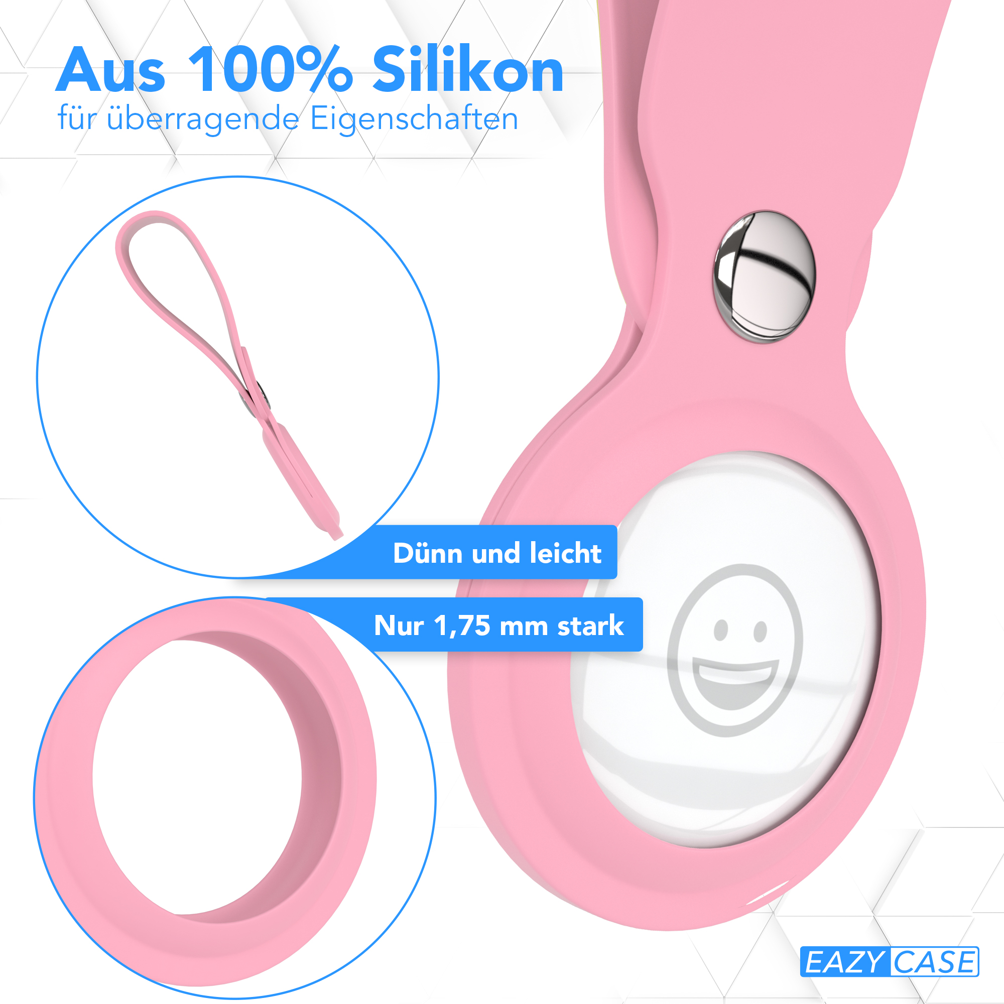 Rosa Silikon AirTag-Hülle mit Riemen, Text und einem lächelnden Gesicht.