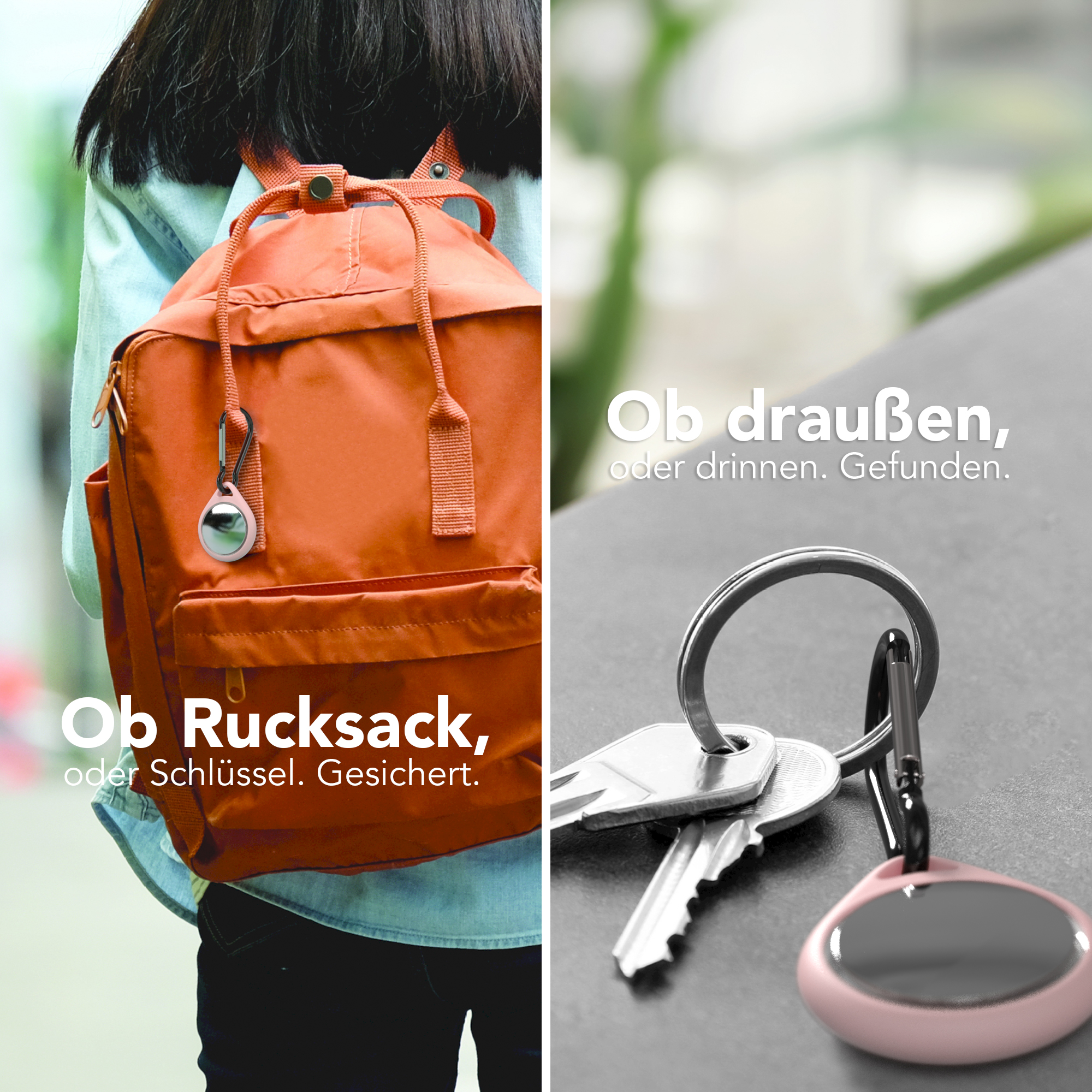 Oranger Rucksack mit Anhänger und Schlüssel mit pinkem Anhänger, auf grauer Oberfläche.