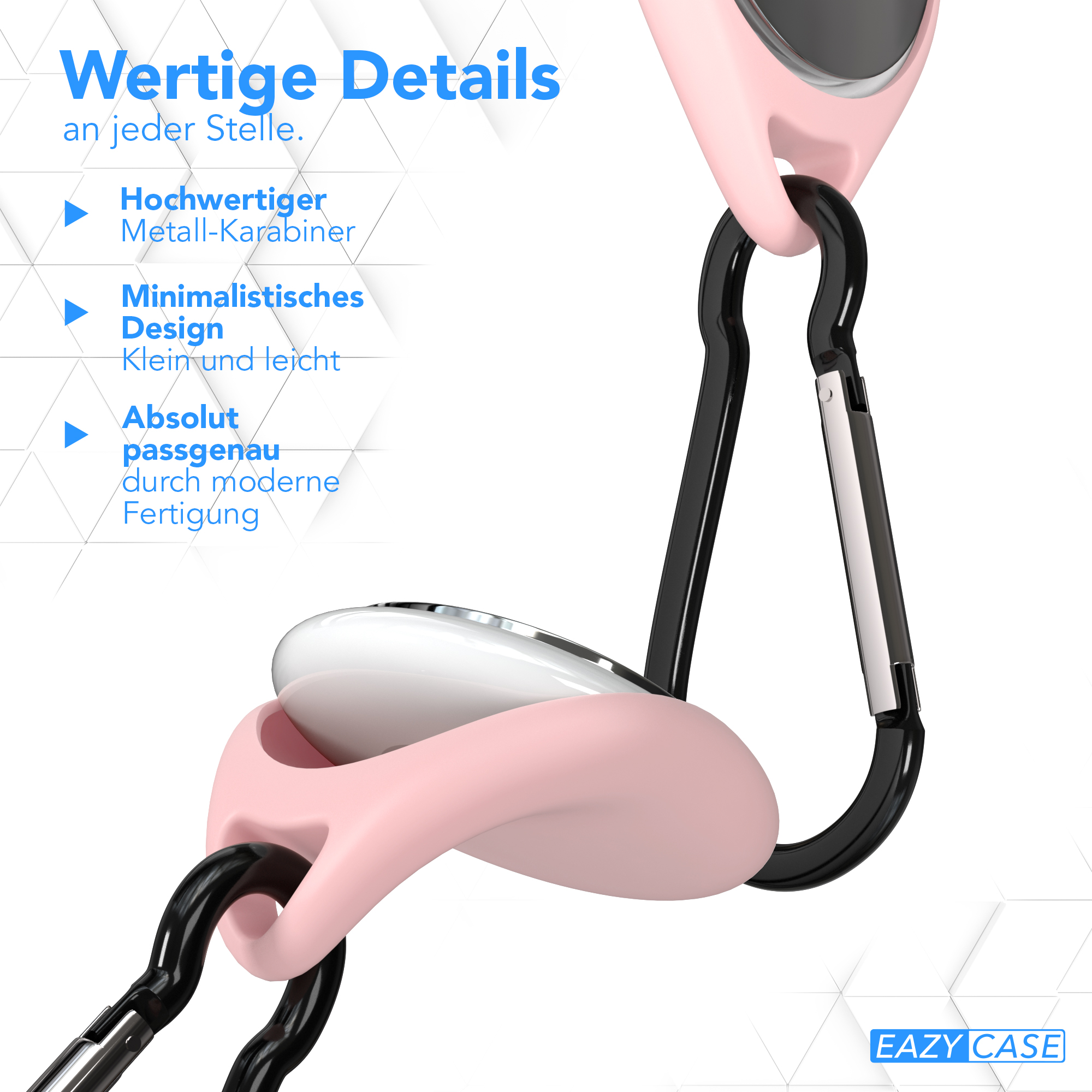 Nahaufnahme eines rosa-schwarzen Karabiner-Etuis mit weißen Akzenten und Text, auf weißem Grund.
