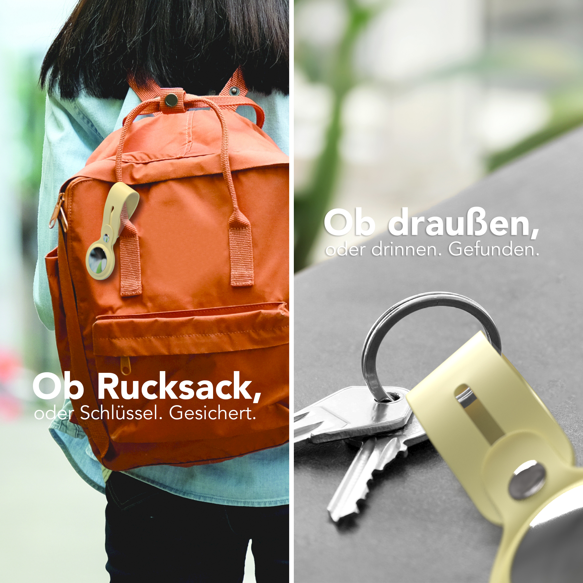 Ein Mädchen mit Rucksack und Schlüsseln mit Anhänger.