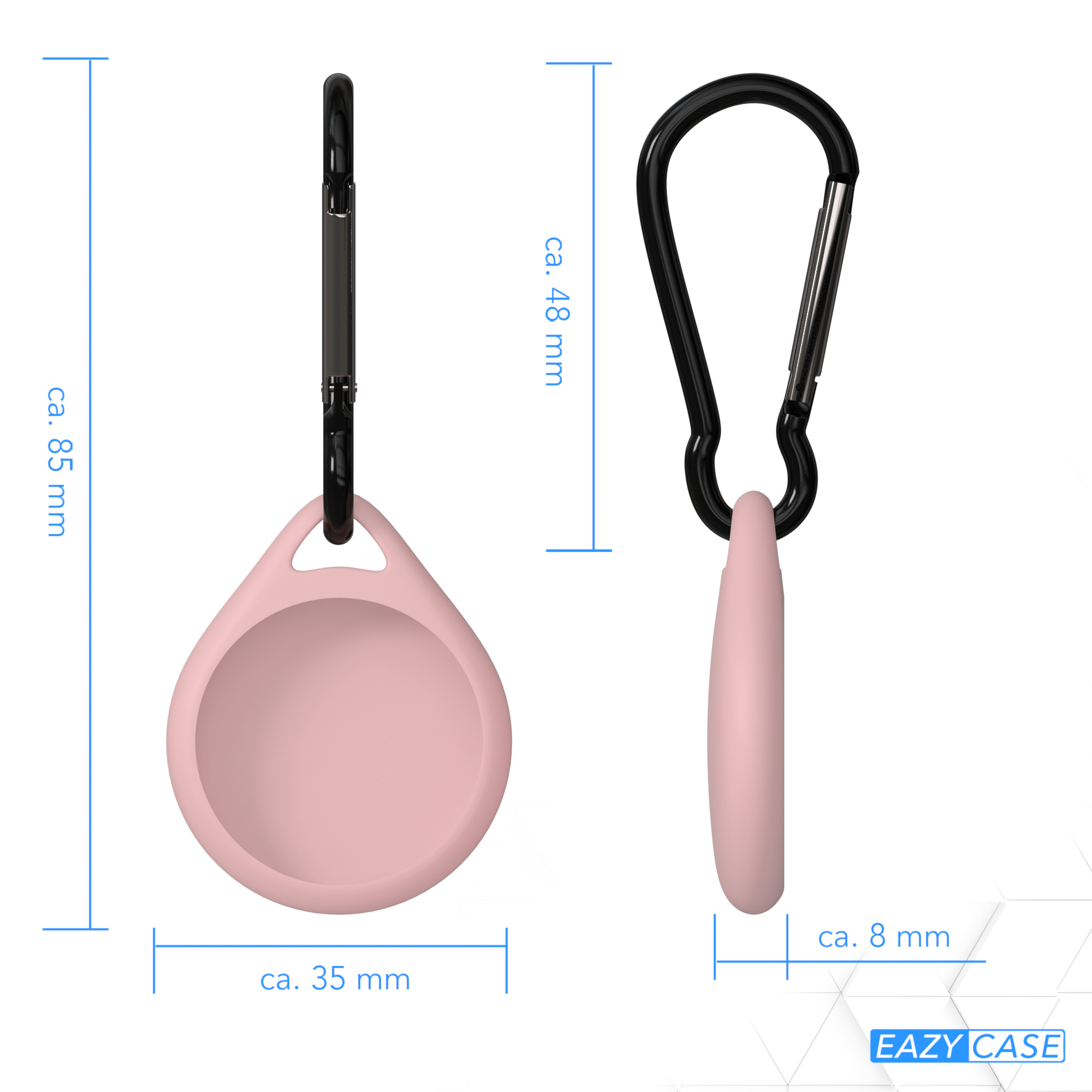Zwei Ansichten eines pinkfarbenen AirTag-Halters mit schwarzem Karabinerhaken. Maße sind enthalten.
