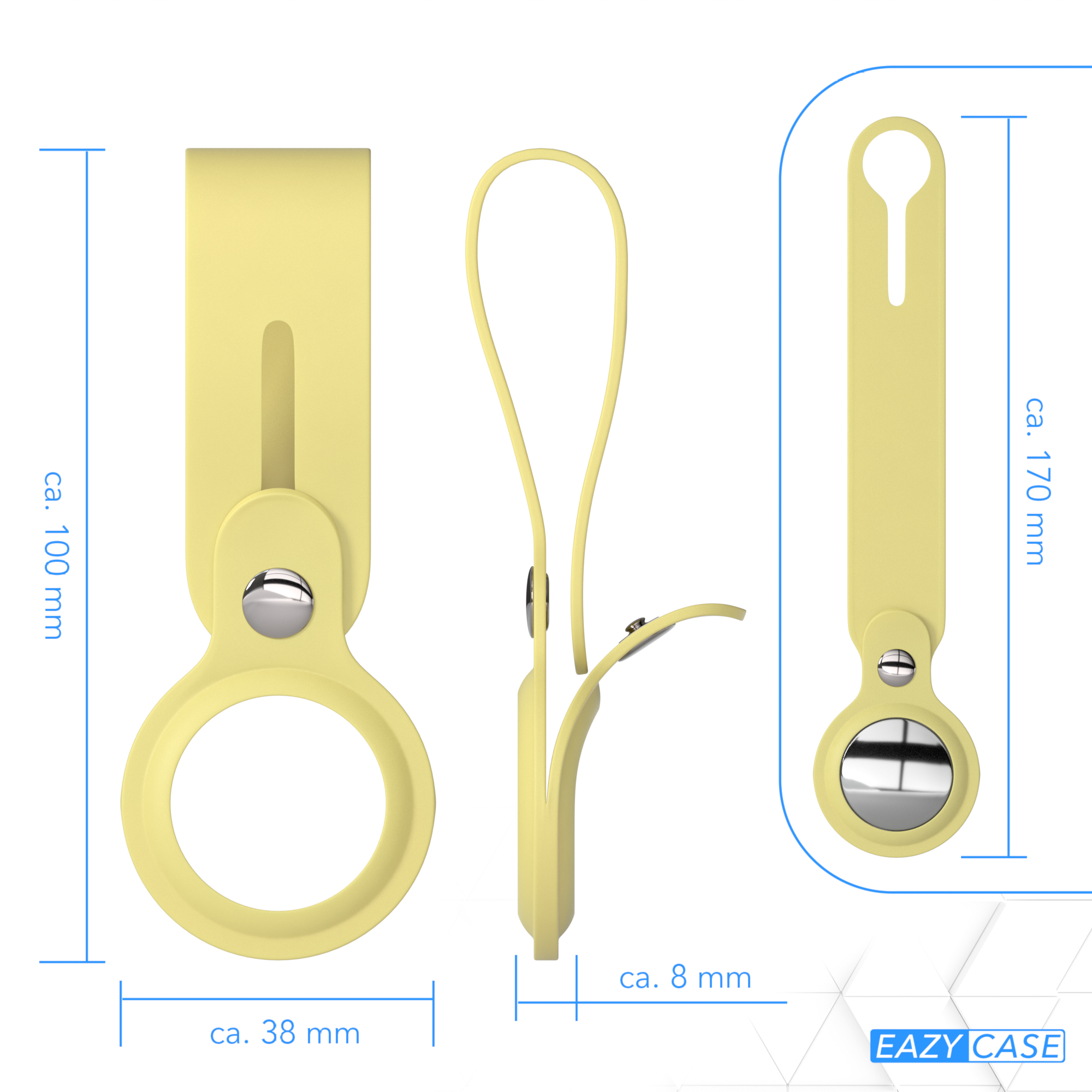 Gelbes AirTag-Zubehör. Maße: 100 mm, 170 mm, 38 mm und 8 mm. Silberner Knopf. Eazy Case Logo.