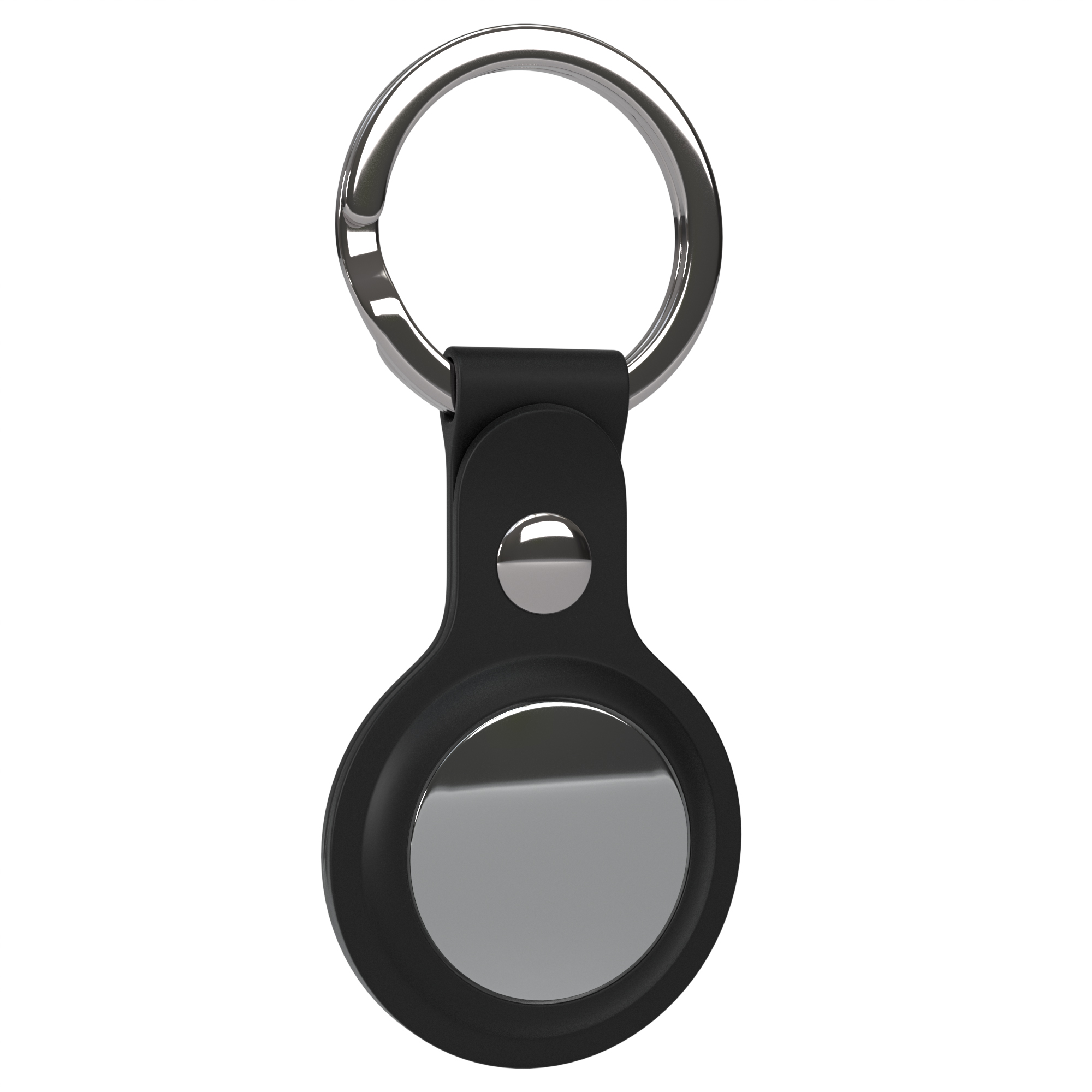 Schwarzes AirTag mit silbernem Ring. Das Gerät hat einen schwarzen Körper und eine silberne Oberfläche.