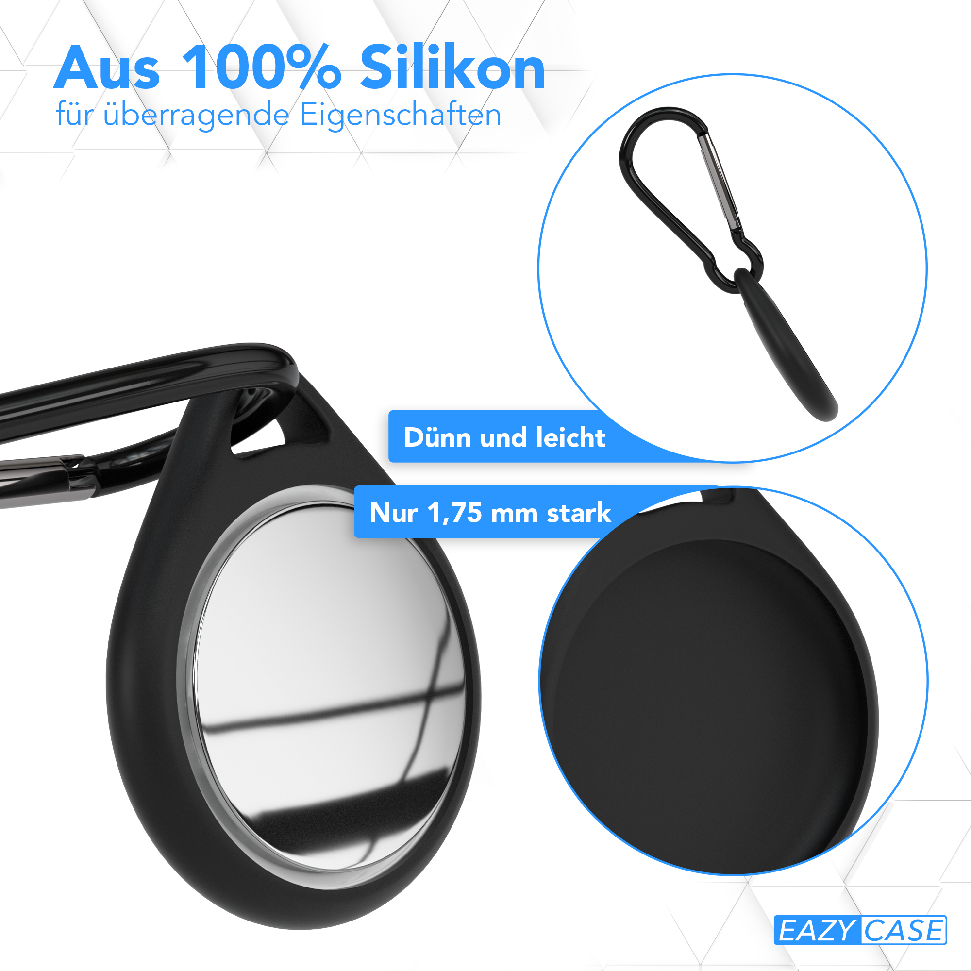 Eine schwarze Silikonhülle mit einem silbernen Metallring und einem schwarzen Karabiner.