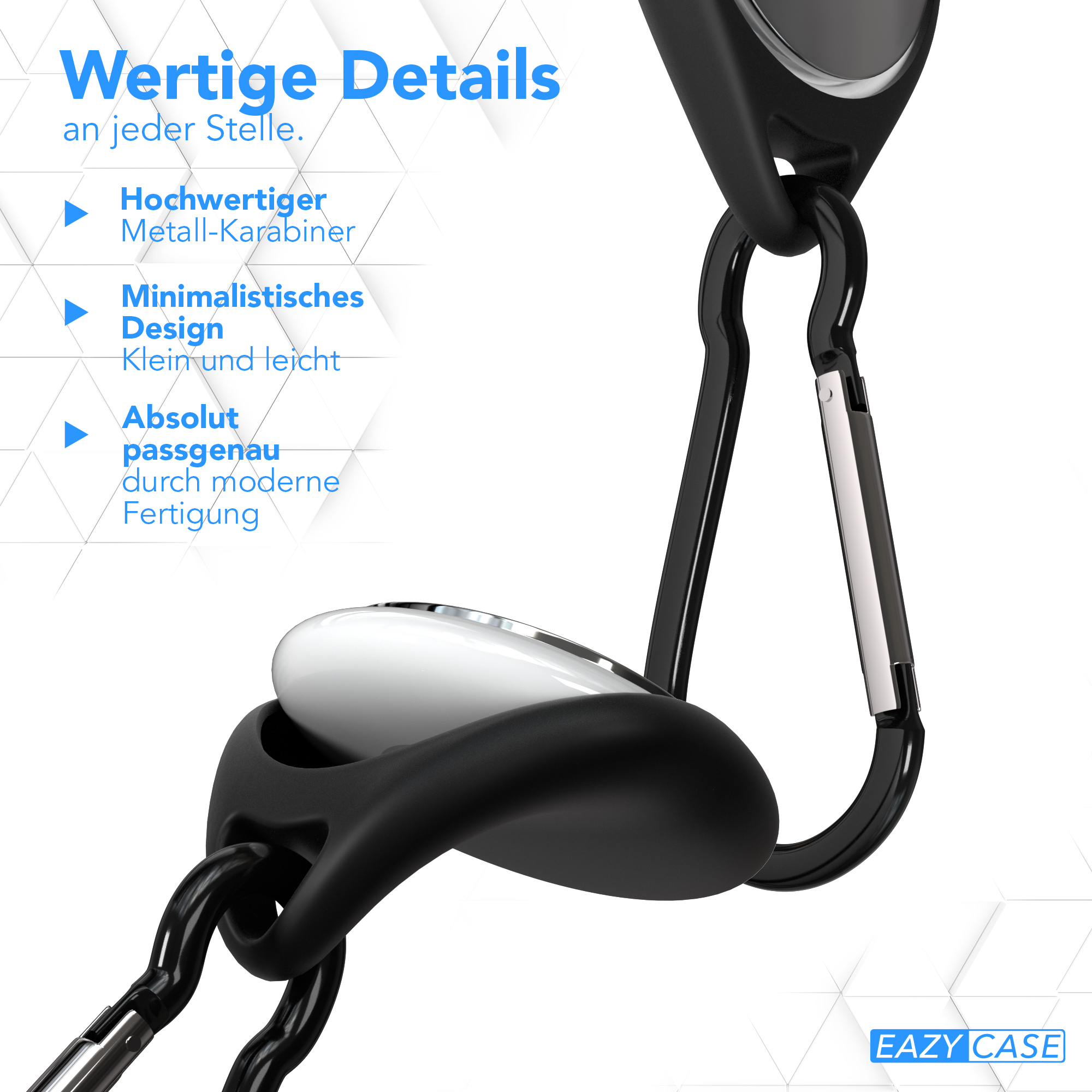 Schwarzes und silbernes Zubehör mit Karabiner und weißem Detail, mit Textdetails.