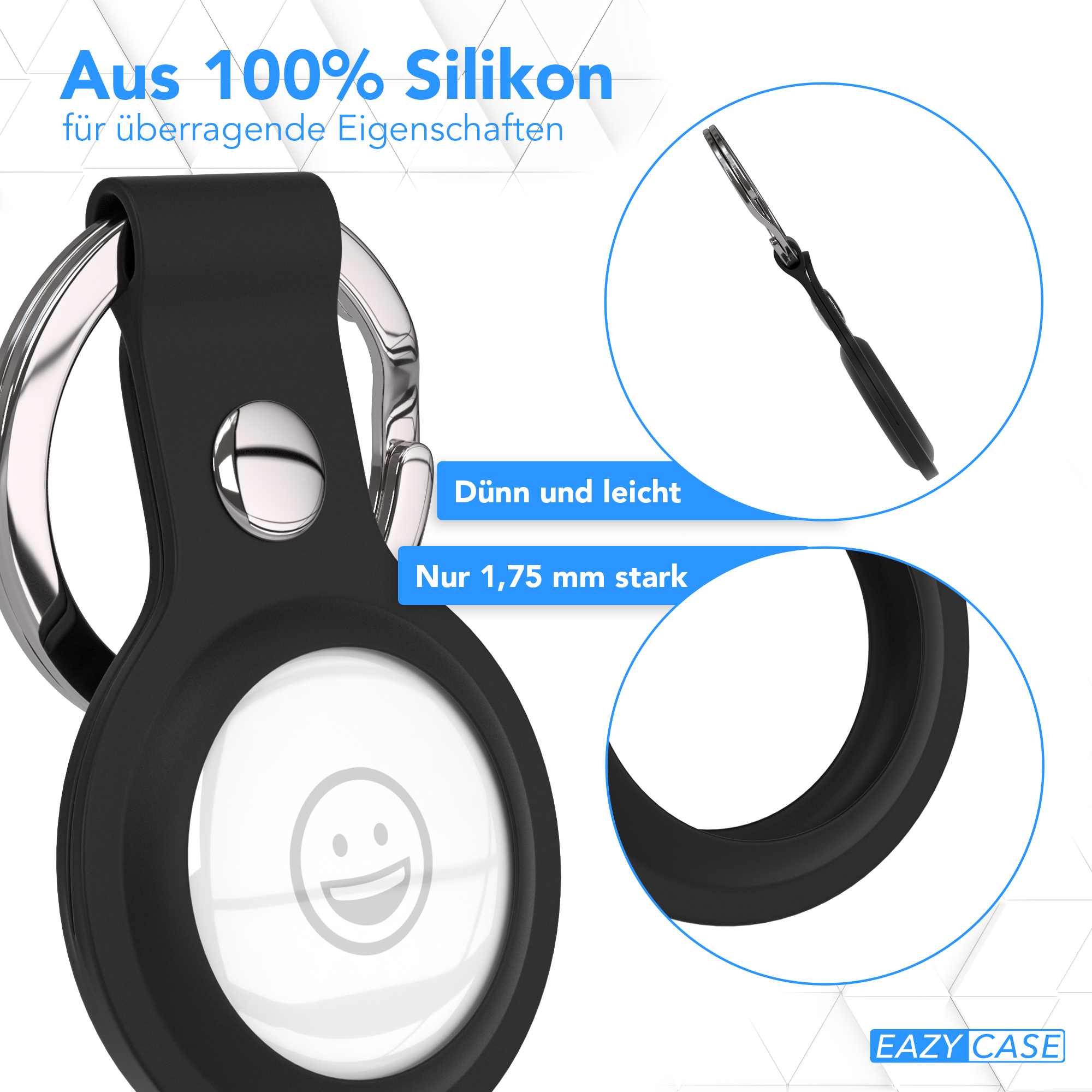 Schwarzes AirTag-Case mit silbernem Schlüsselanhänger und Details.