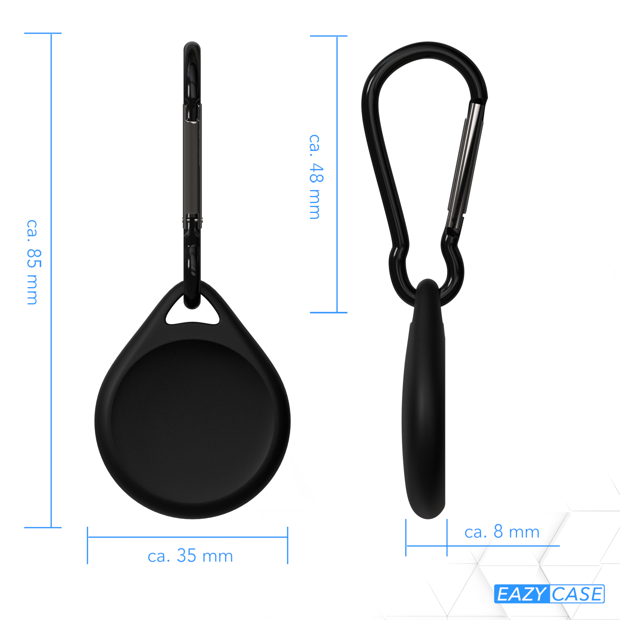 Schwarzer, runder Tracker mit Karabiner. Maße in Millimetern um das Gerät herum.