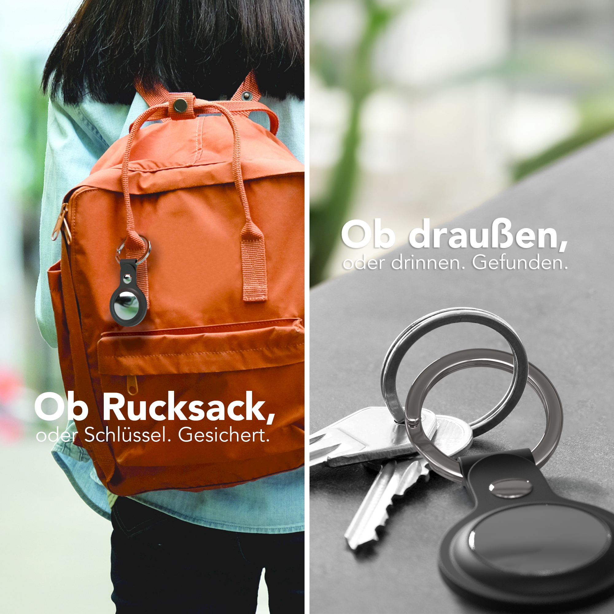 Ein oranger Rucksack mit einem schwarzen Anhänger. Ein Schlüsselbund mit einem silbernen Ring und einem schwarzen Anhänger.