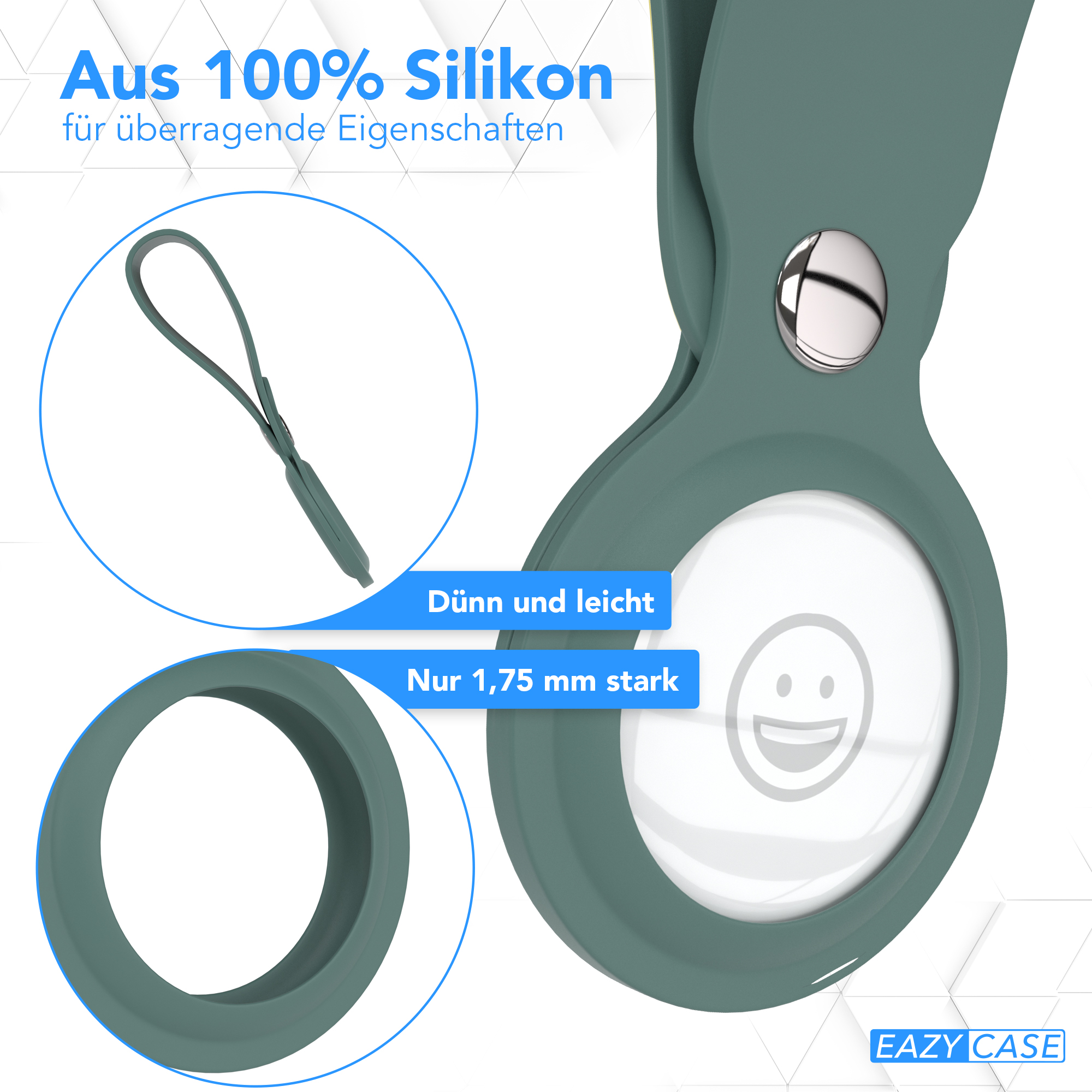 Grüne AirTag-Hülle. Es hat eine Schlaufe und einen Kreis für das AirTag mit einem Smiley.