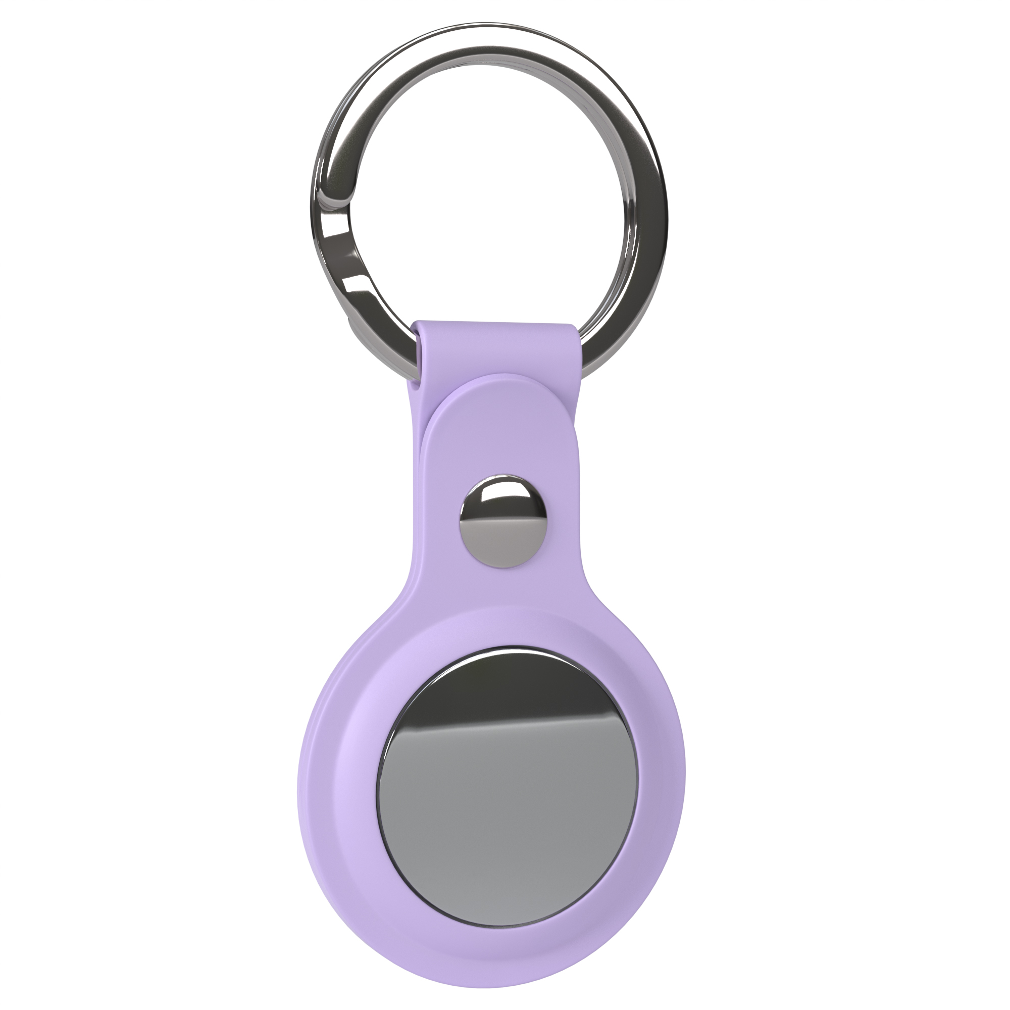 Lila AirTag-Halter mit silbernem Ring, weißer Hintergrund.