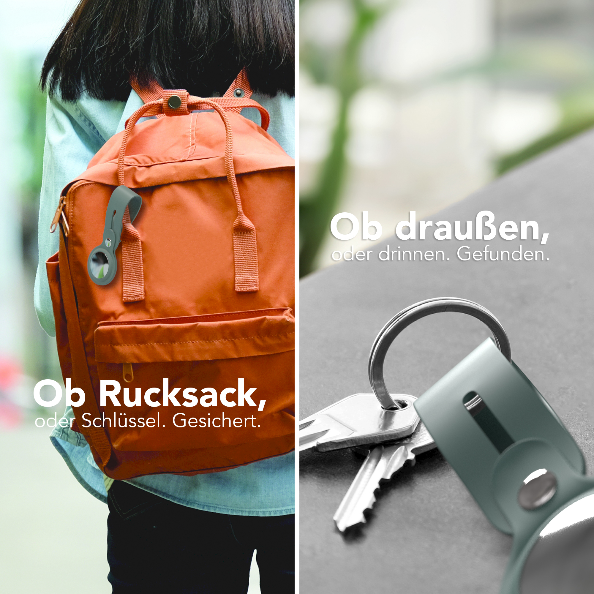 Ein orangefarbener Rucksack mit einem grauen Schlüsselfinder daran befestigt.