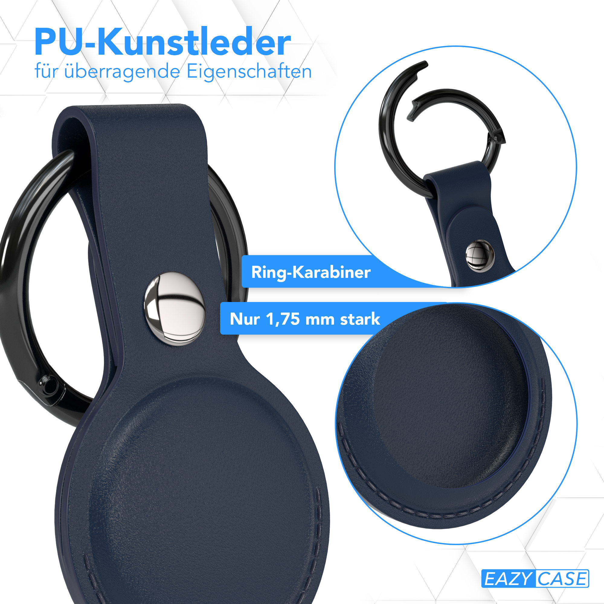 Nahaufnahme eines dunkelblauen Schlüsselanhängerhalters mit schwarzem Ringkarabiner und Text.