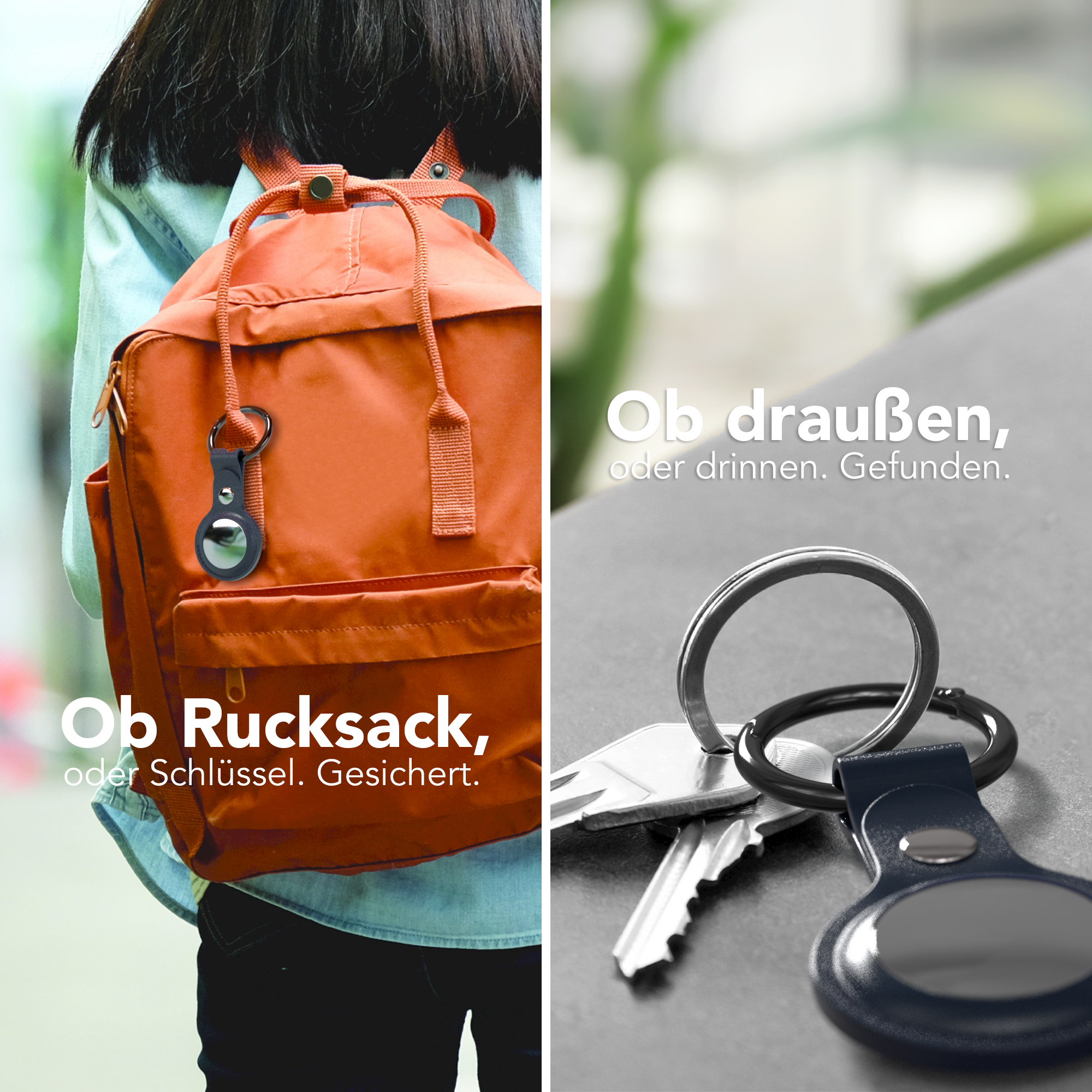 Eine Person mit orangefarbenem Rucksack und Schlüsseln, die einen Sicherheitsetikett für Gegenstände wie Rucksäcke und Schlüssel zeigt.