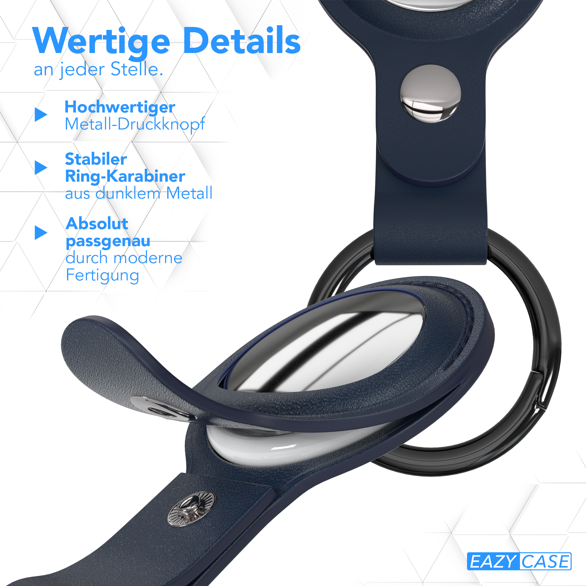 Nahaufnahme eines dunkelblauen AirTag-Halters mit silbernem Knopf und schwarzem Ring.