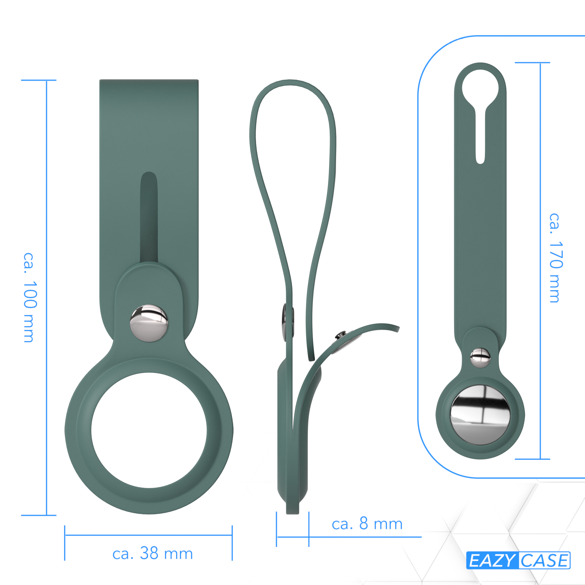 Grüner AirTag-Halter mit Maßangaben auf weißem Hintergrund. Von EAZY CASE.