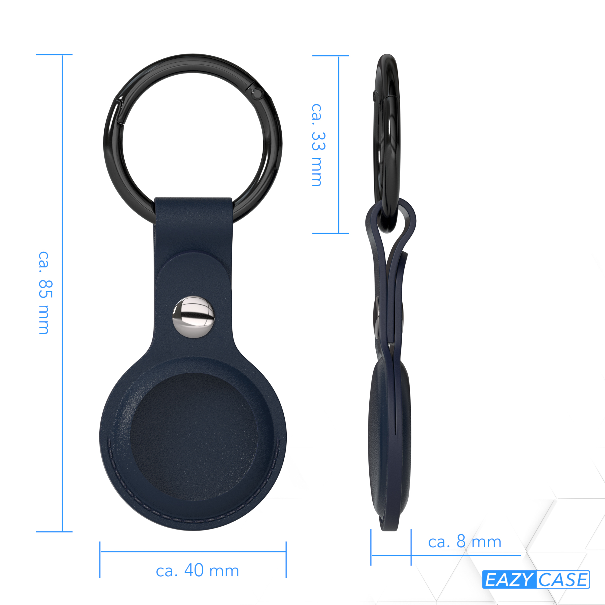 Dunkelblauer AirTag-Halter mit schwarzem Ring und Abmessungen.