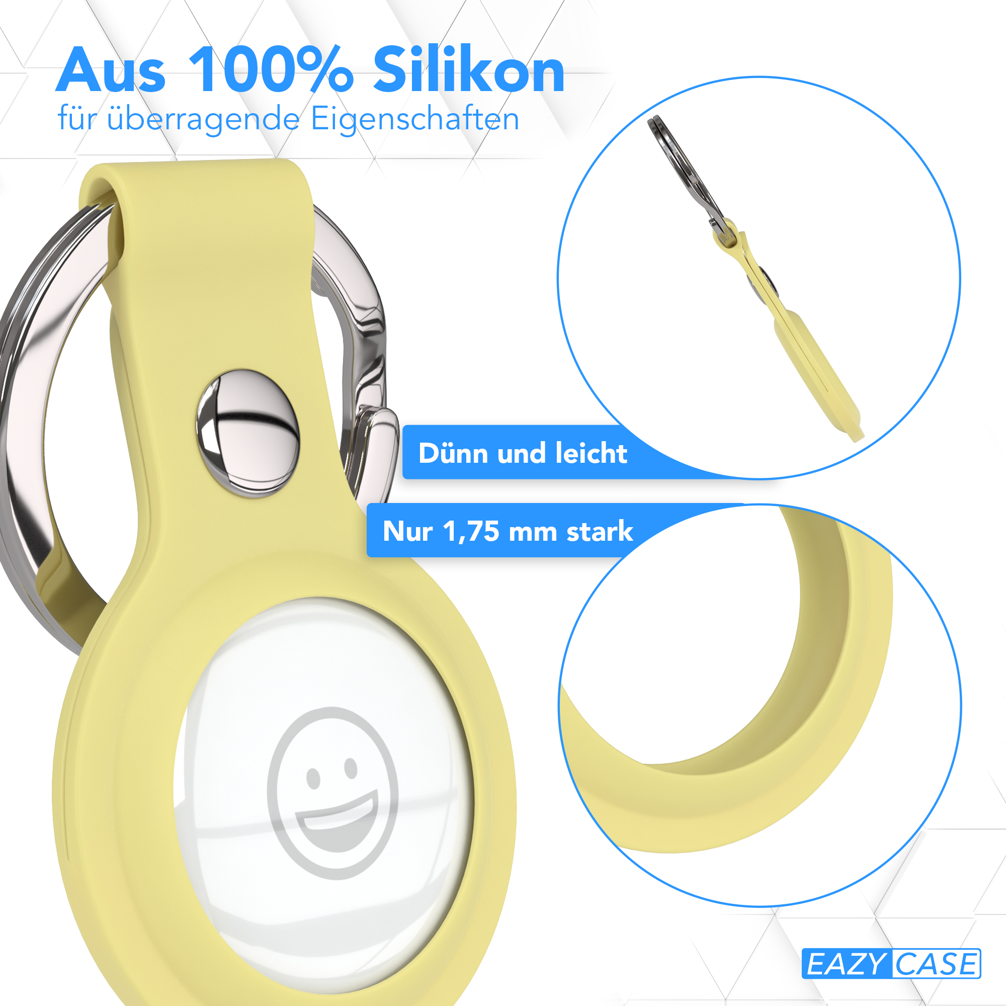 Gelber AirTag-Halter mit Schlüsselring und zwei Detailaufnahmen vor blauem Hintergrund.