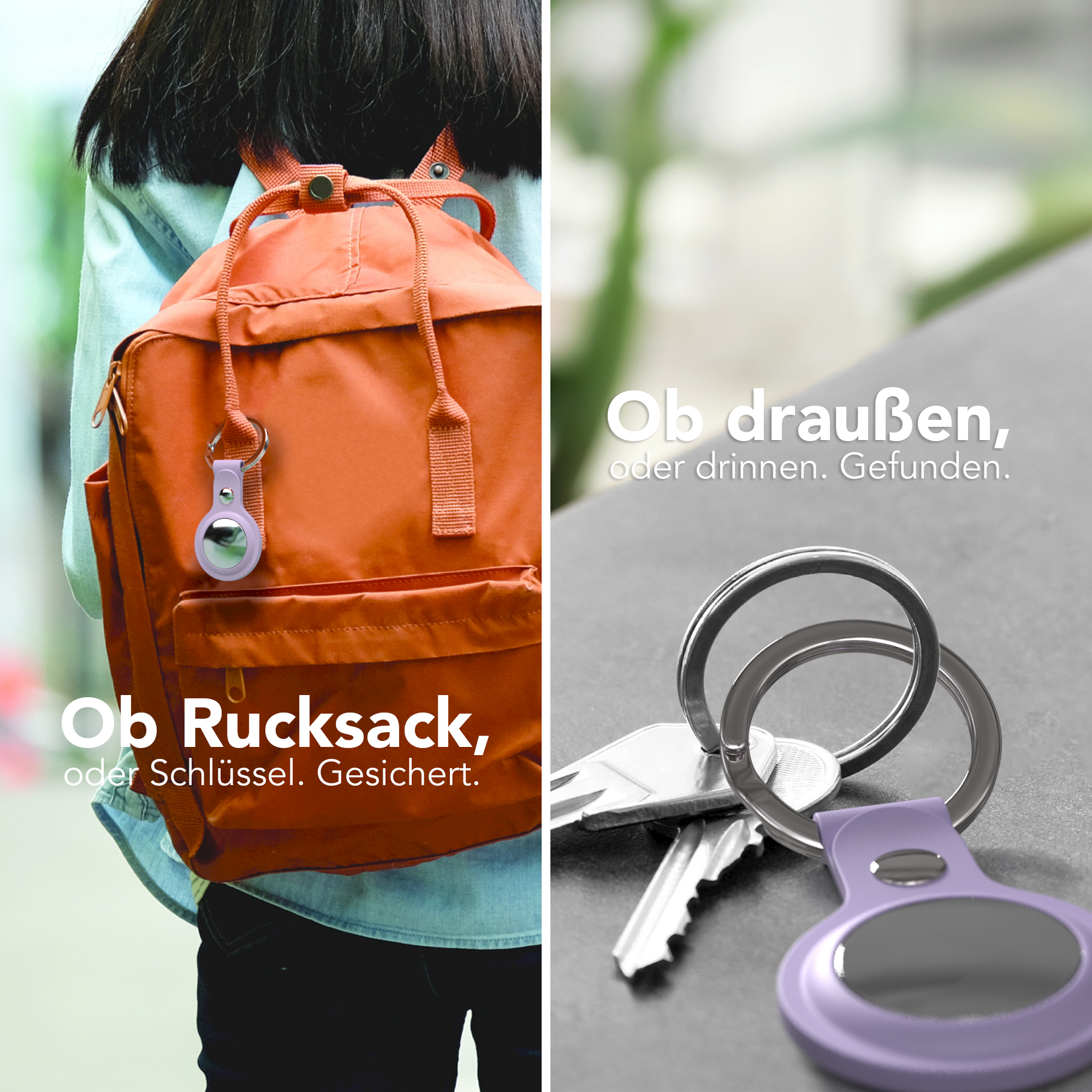 Eine Person mit Rucksack und Schlüsseln mit einem lila AirTag, beides im Bild.