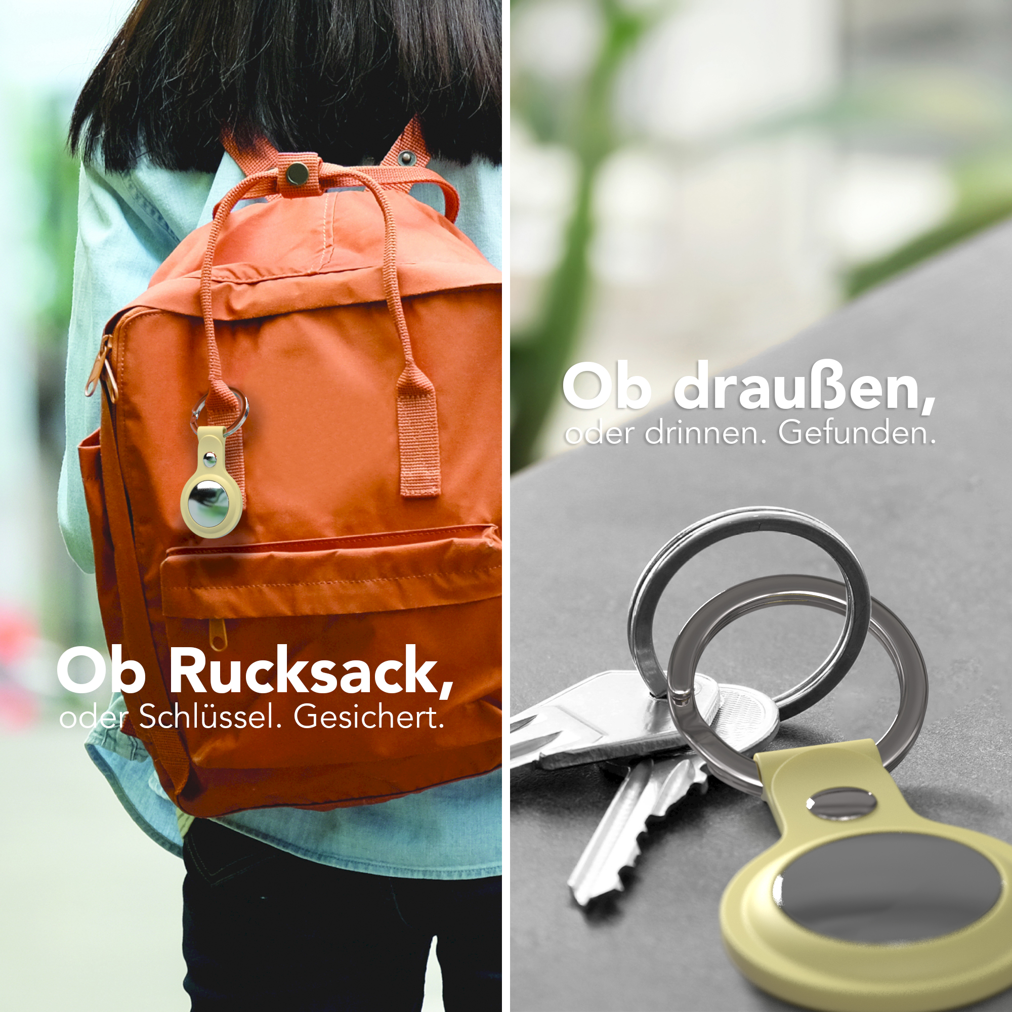 Ein Rucksack und Schlüssel, beide mit einem Tracking-Tag. Text: 'Auf Rucksack oder Schlüssel. Gesichert'.