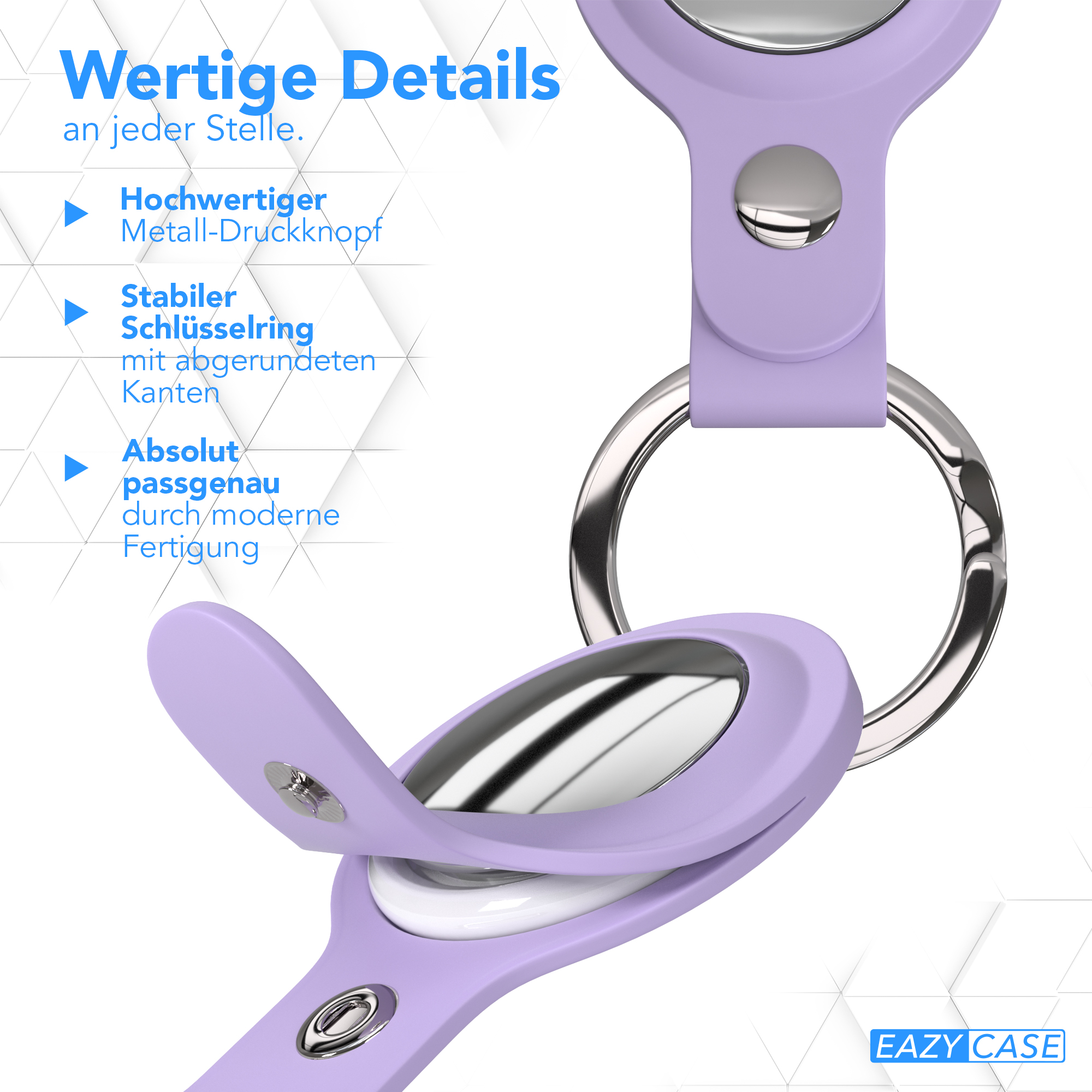 Nahaufnahme eines lila AirTag-Halters mit einem silbernen Schlüsselring.