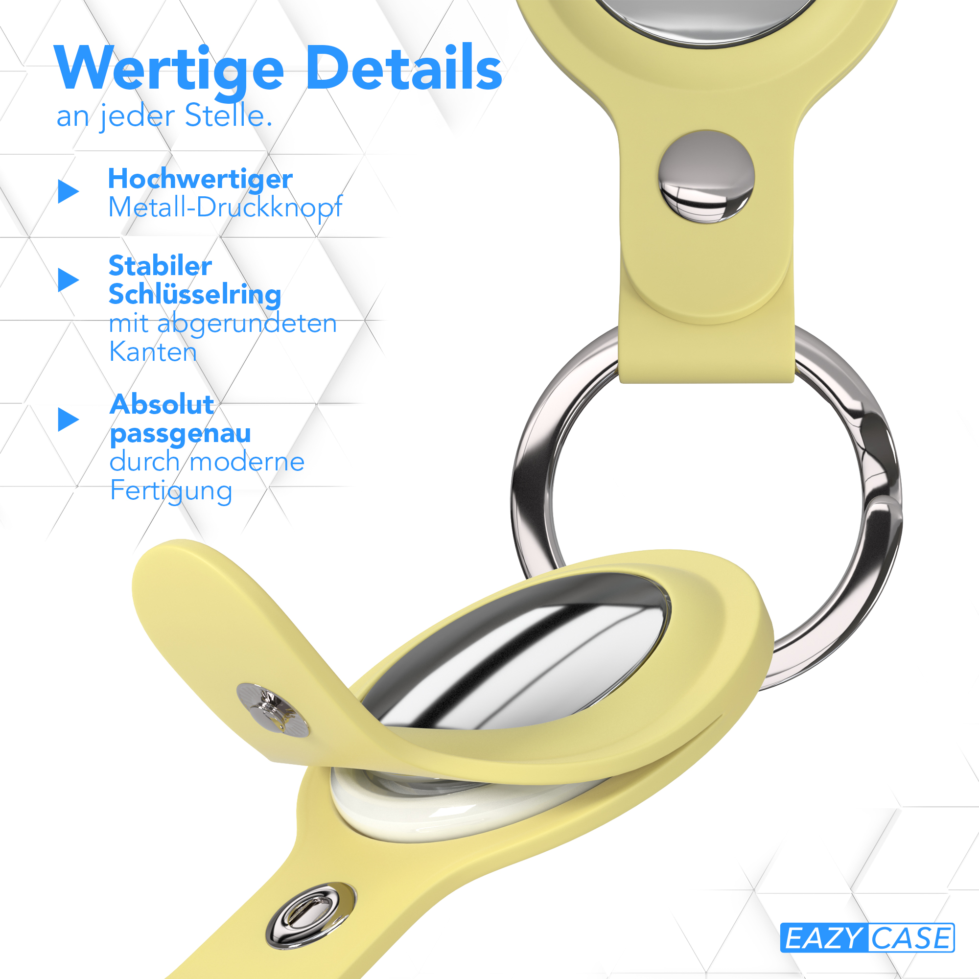 Gelber AirTag-Halter mit Metallring. Der Halter ist geöffnet. Weißer Hintergrund.