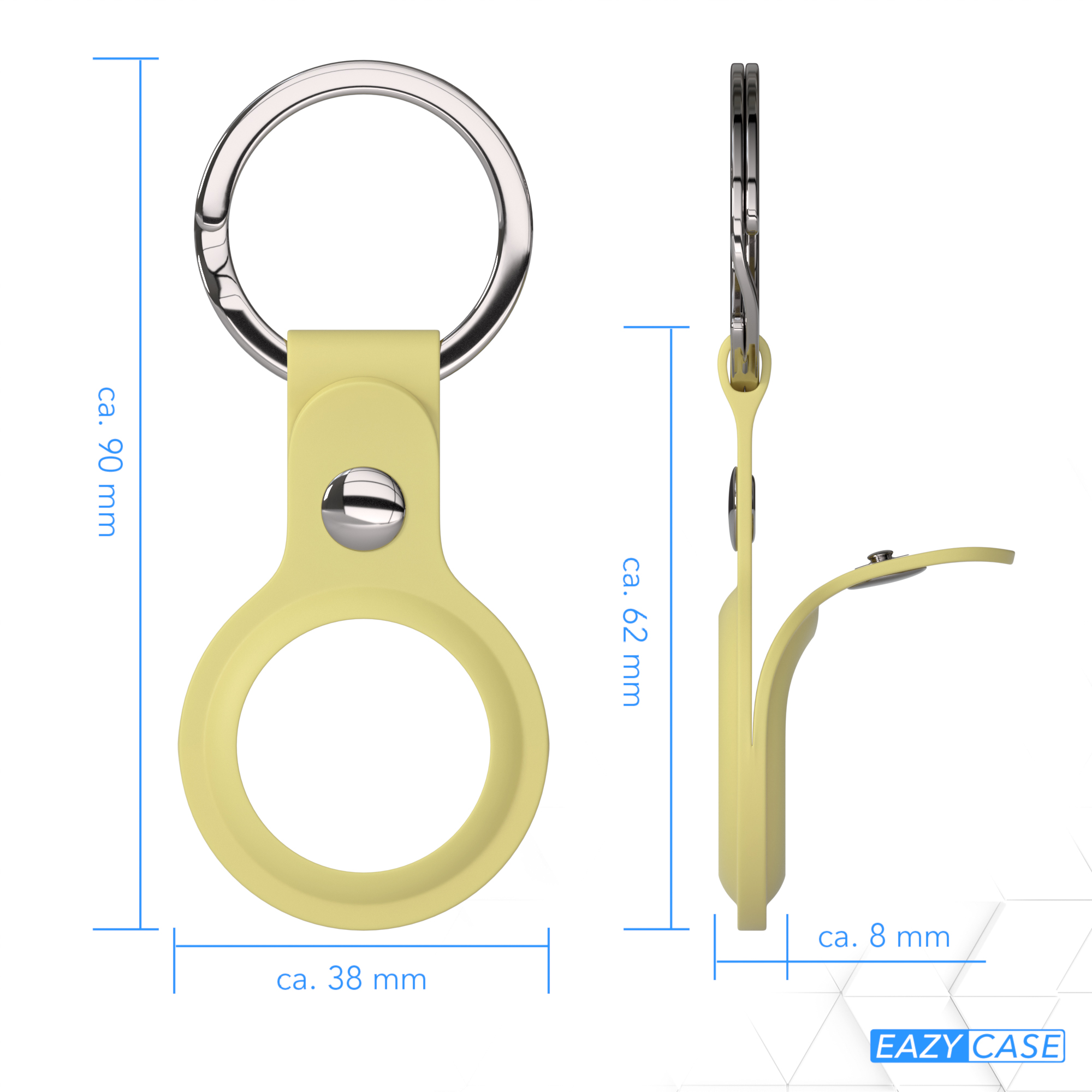 Ein gelber AirTag-Halter mit Schlüsselring, der seine Abmessungen und sein Design zeigt.